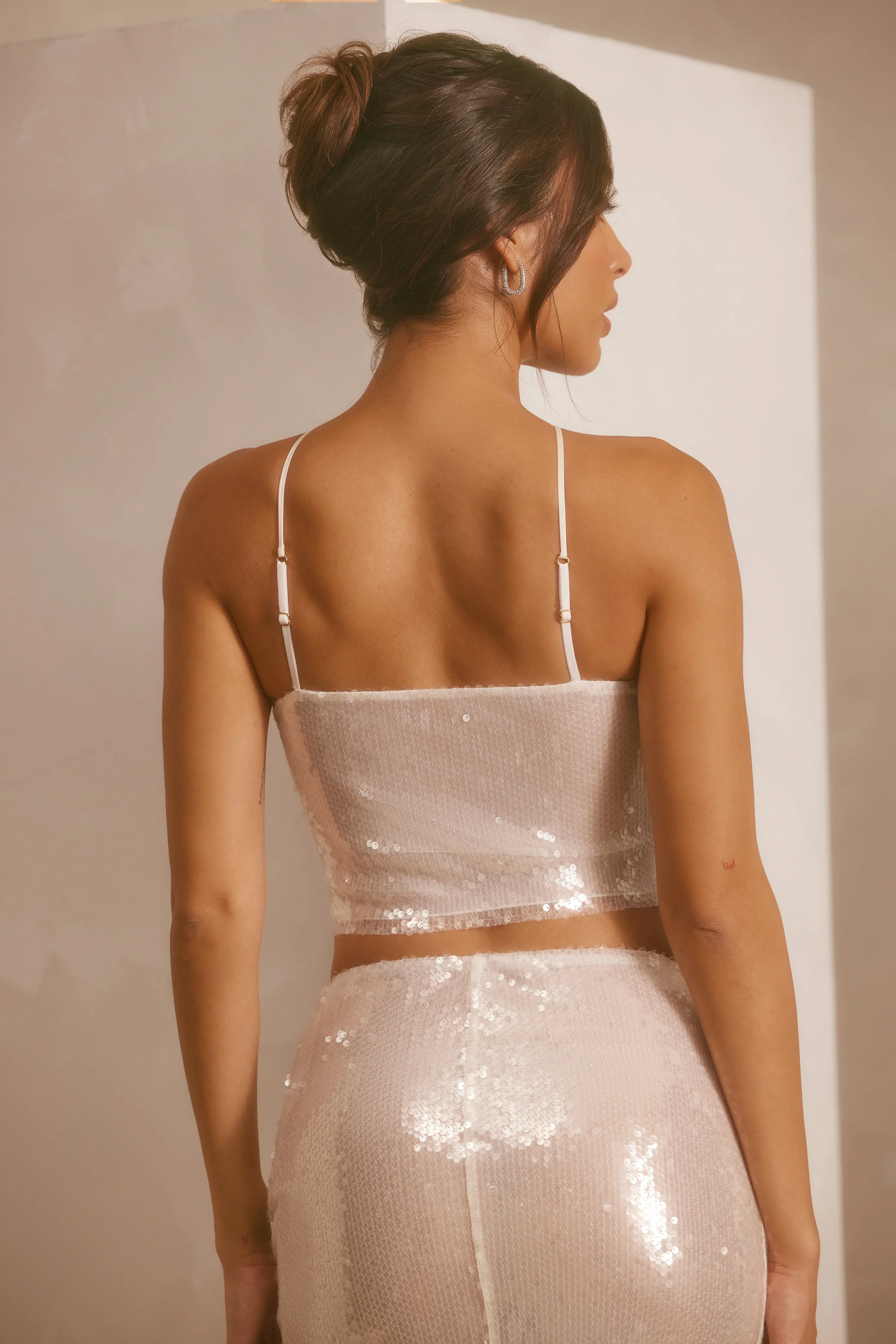 Sheer Sequin Keyhole Cut Out Halter Neck Crop Top in White - Image 2
