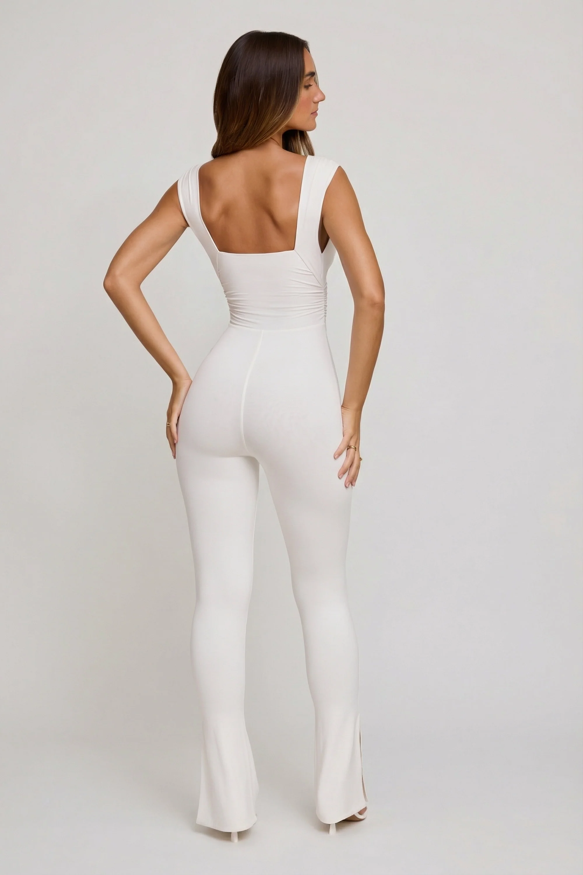 Plunge Neck Ruched Waist Jumpsuit in White - Image 2