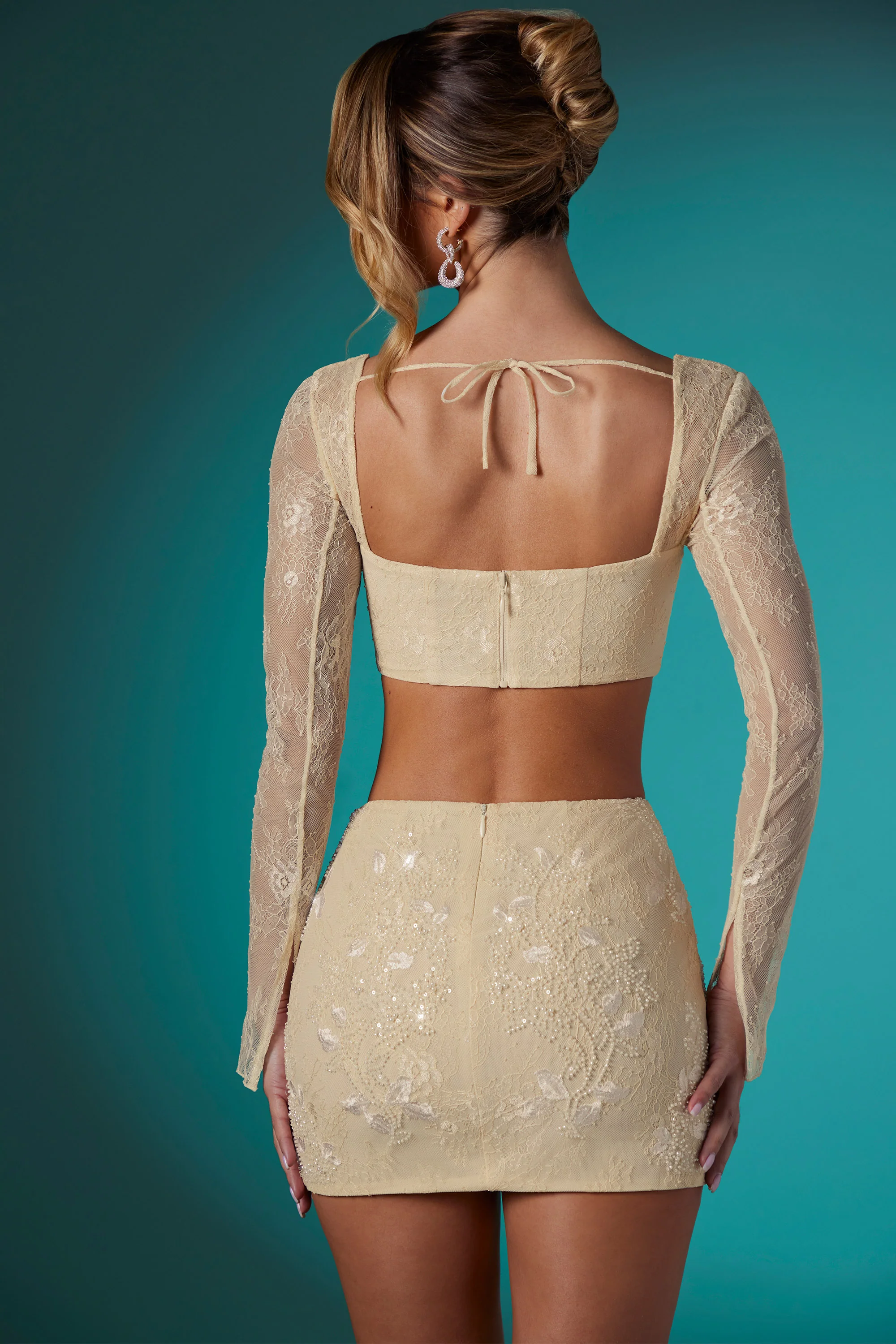 Embellished Lace Bodycon Mini Skirt in Ivory - Image 11