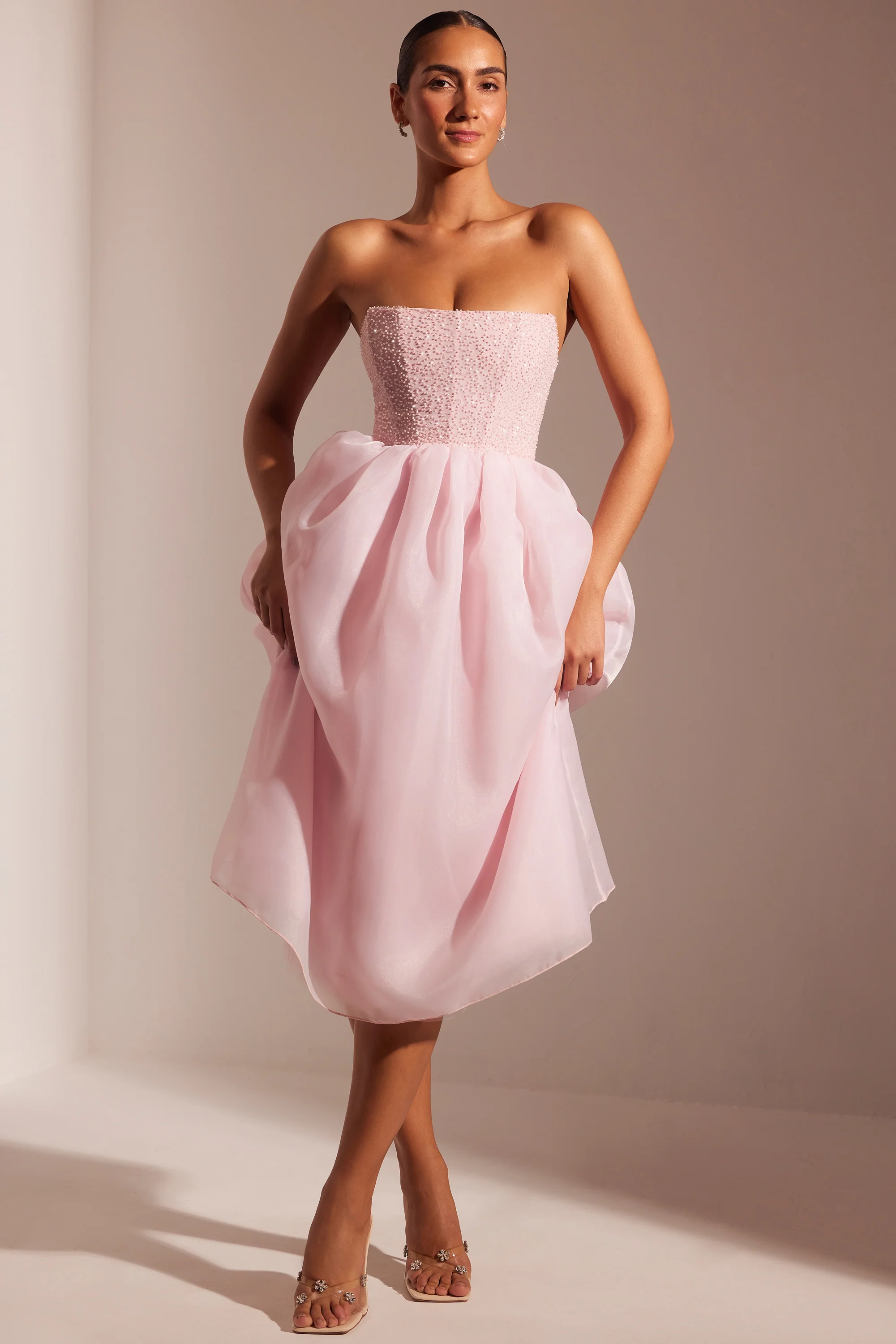 Embellished Corset Tulle Skirt Midi Dress in Blush - Image 10