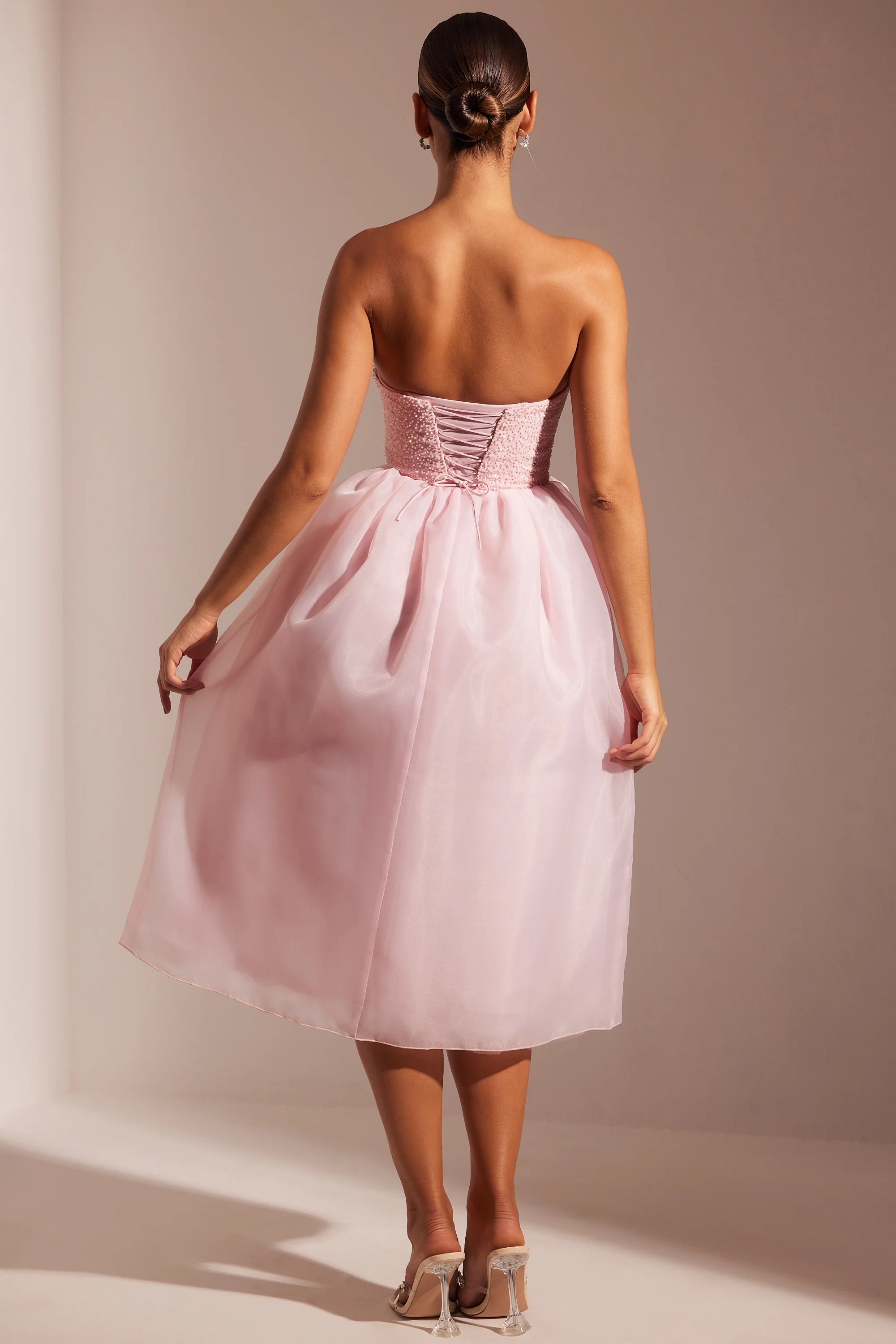 Embellished Corset Tulle Skirt Midi Dress in Blush - Image 2