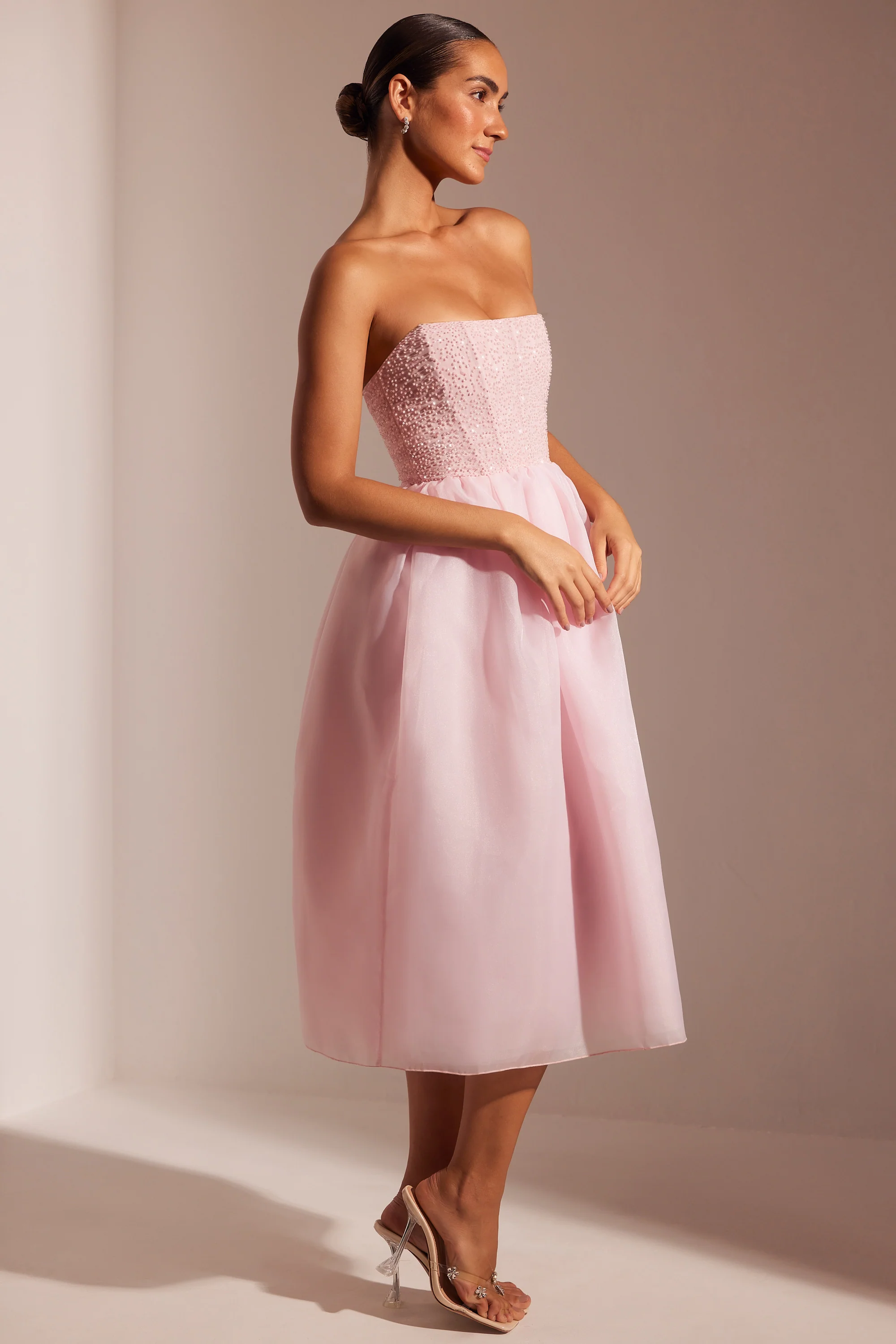 Embellished Corset Tulle Skirt Midi Dress in Blush - Image 3