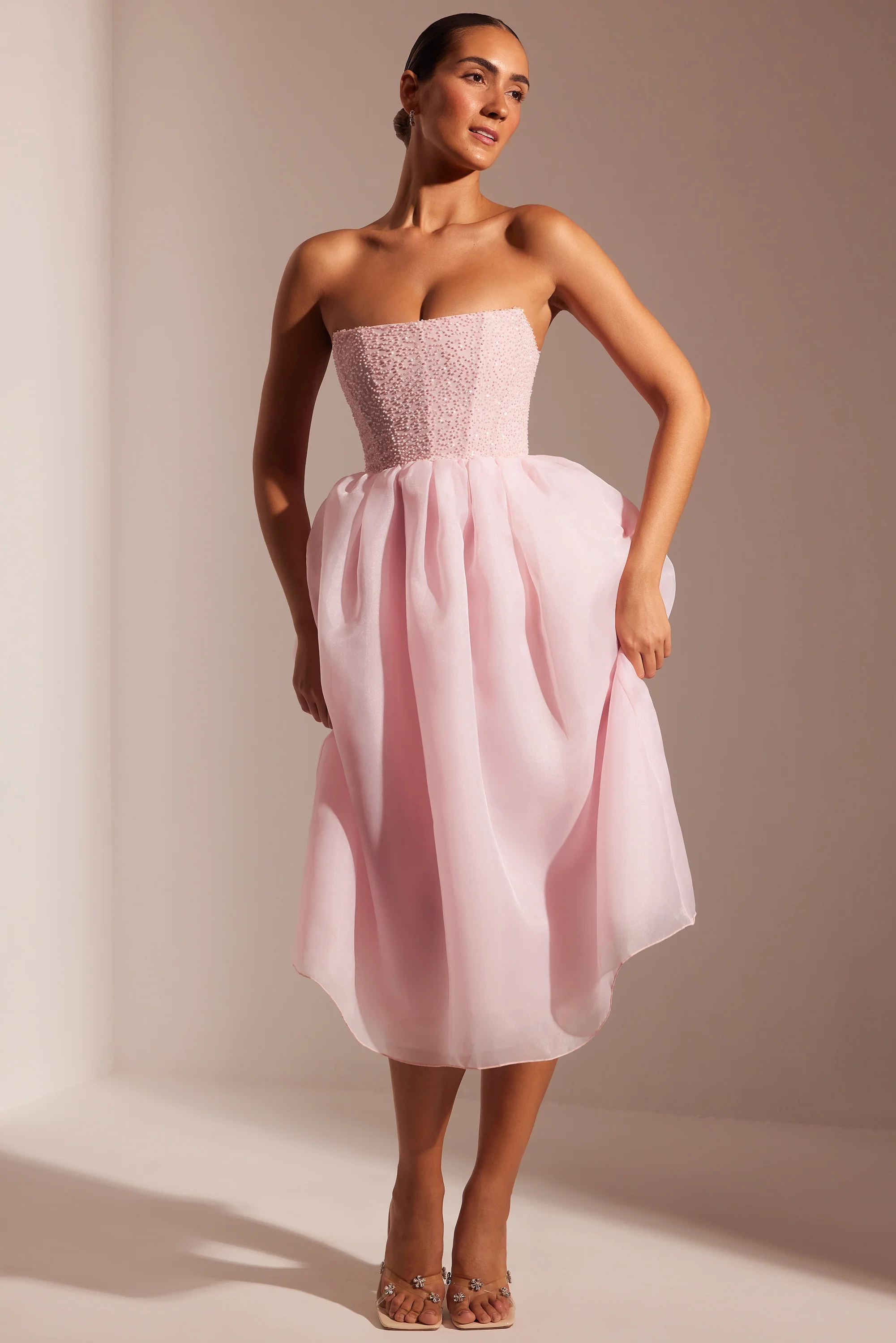 Embellished Corset Tulle Skirt Midi Dress in Blush - Image 6