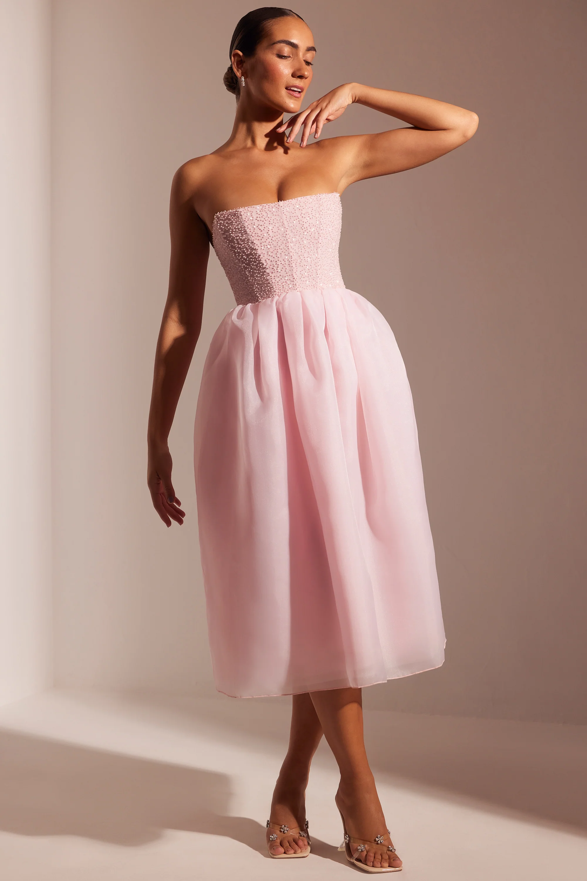 Embellished Corset Tulle Skirt Midi Dress in Blush - Image 7