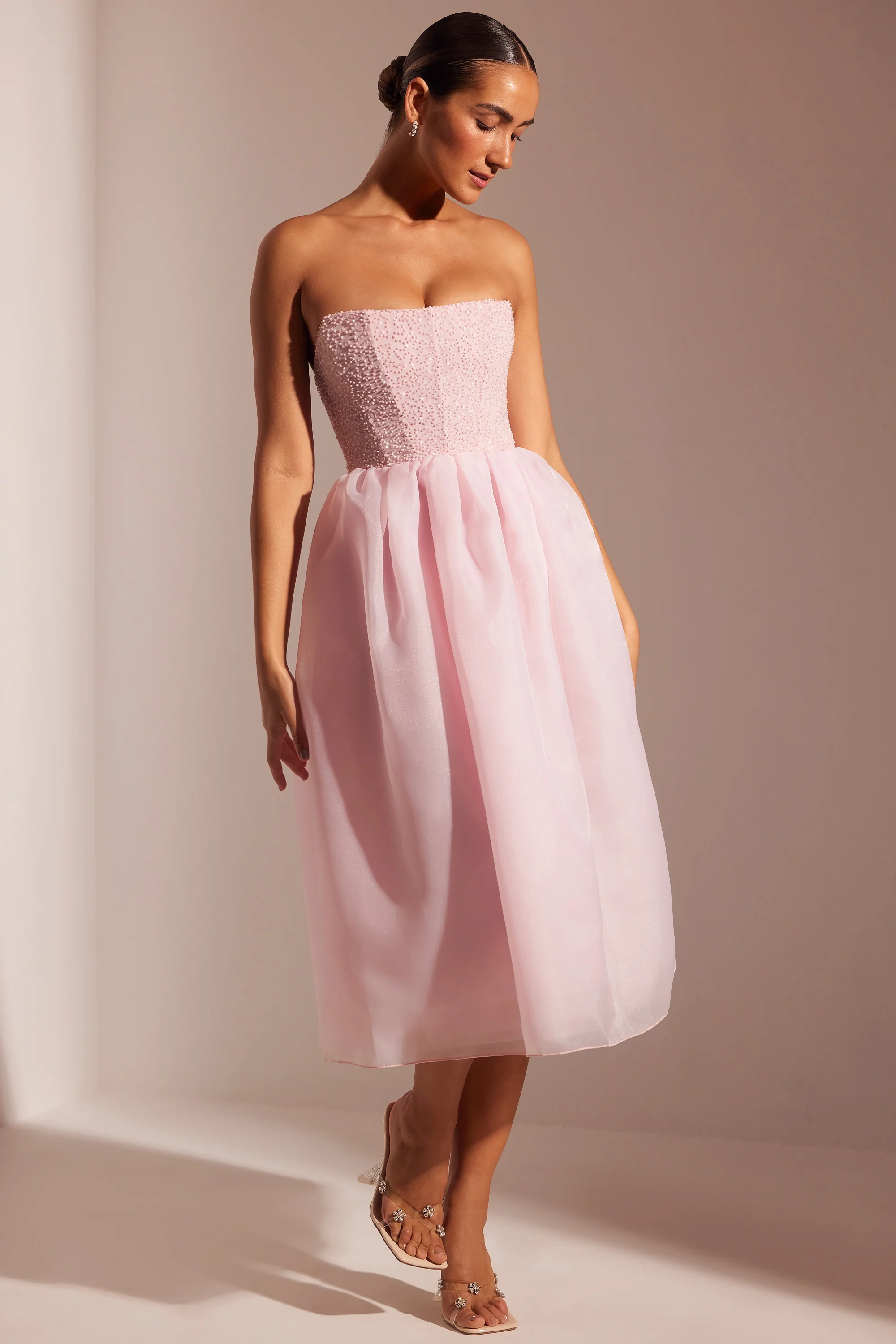 Embellished Corset Tulle Skirt Midi Dress in Blush - Image 8