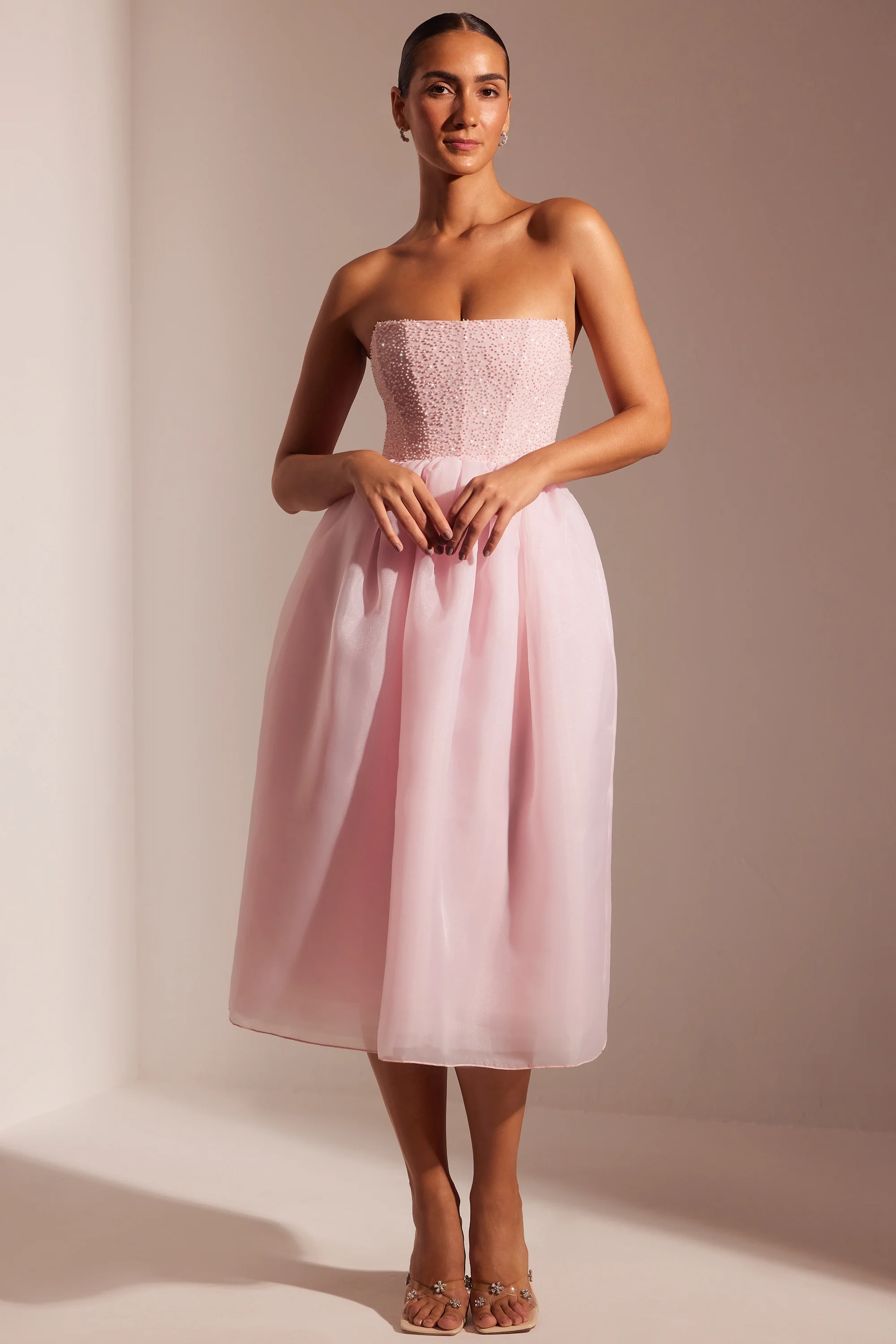 Embellished Corset Tulle Skirt Midi Dress in Blush - Image 9