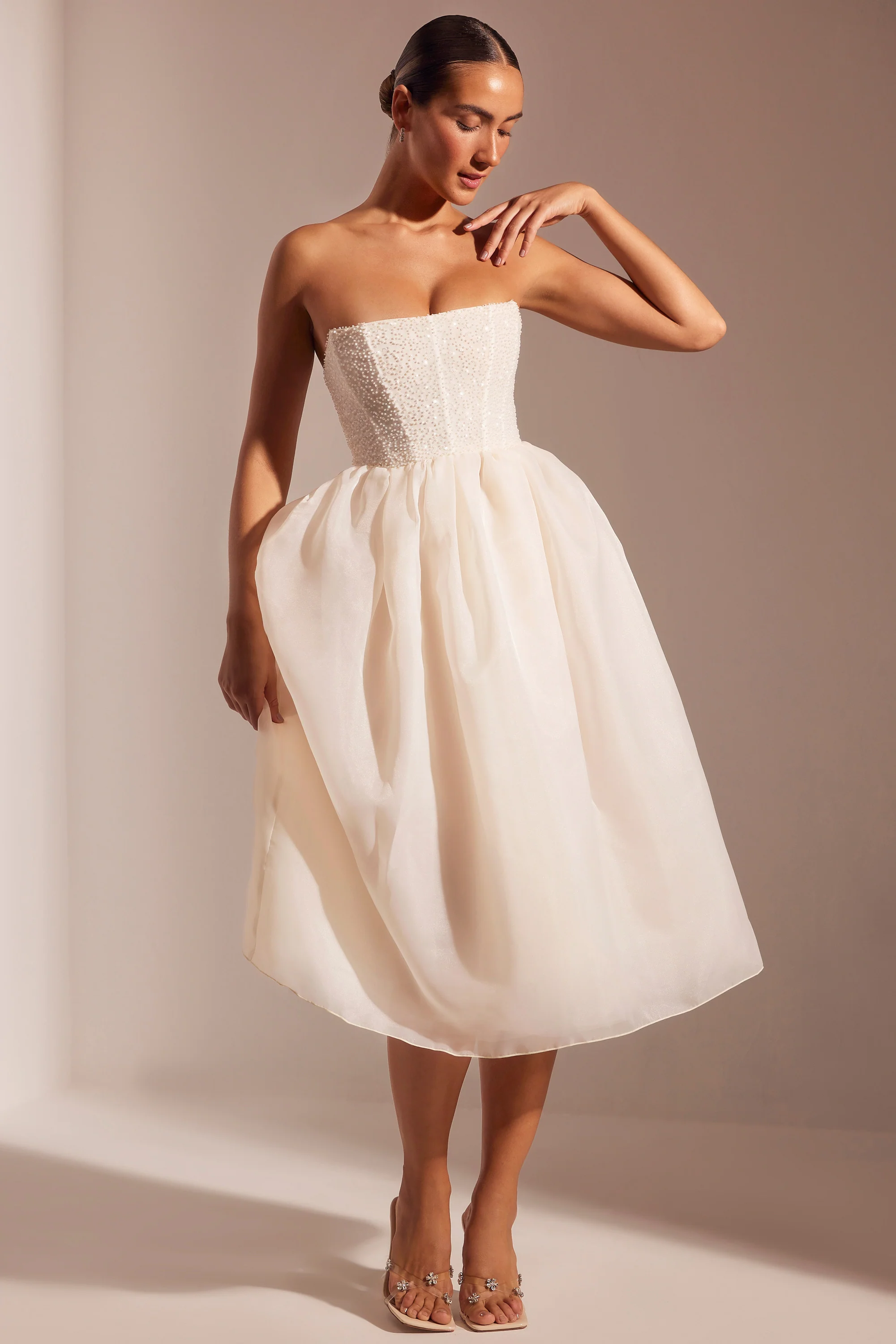 Embellished Corset Tulle Skirt Midi Dress in Ivory - Image 10
