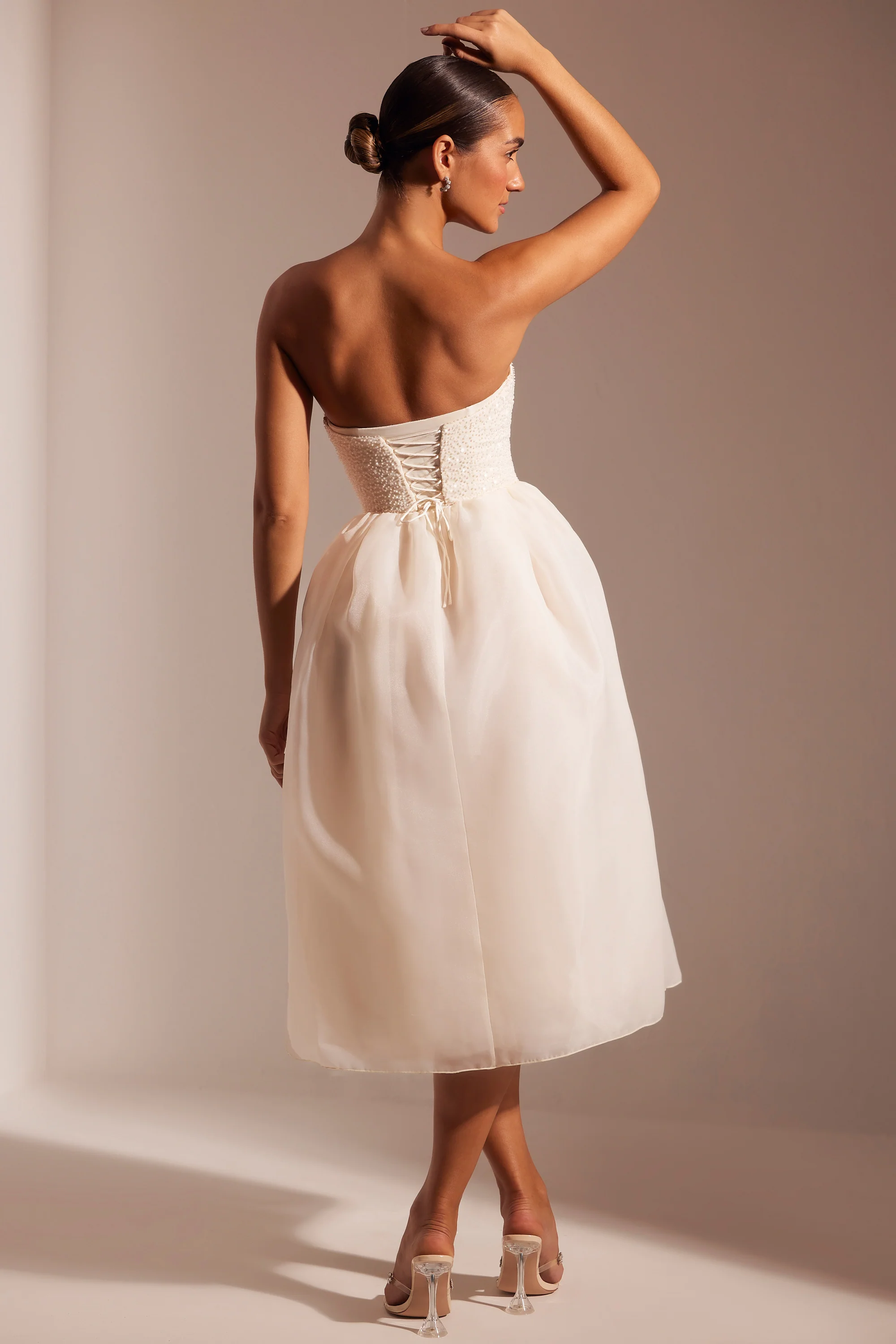 Embellished Corset Tulle Skirt Midi Dress in Ivory - Image 2