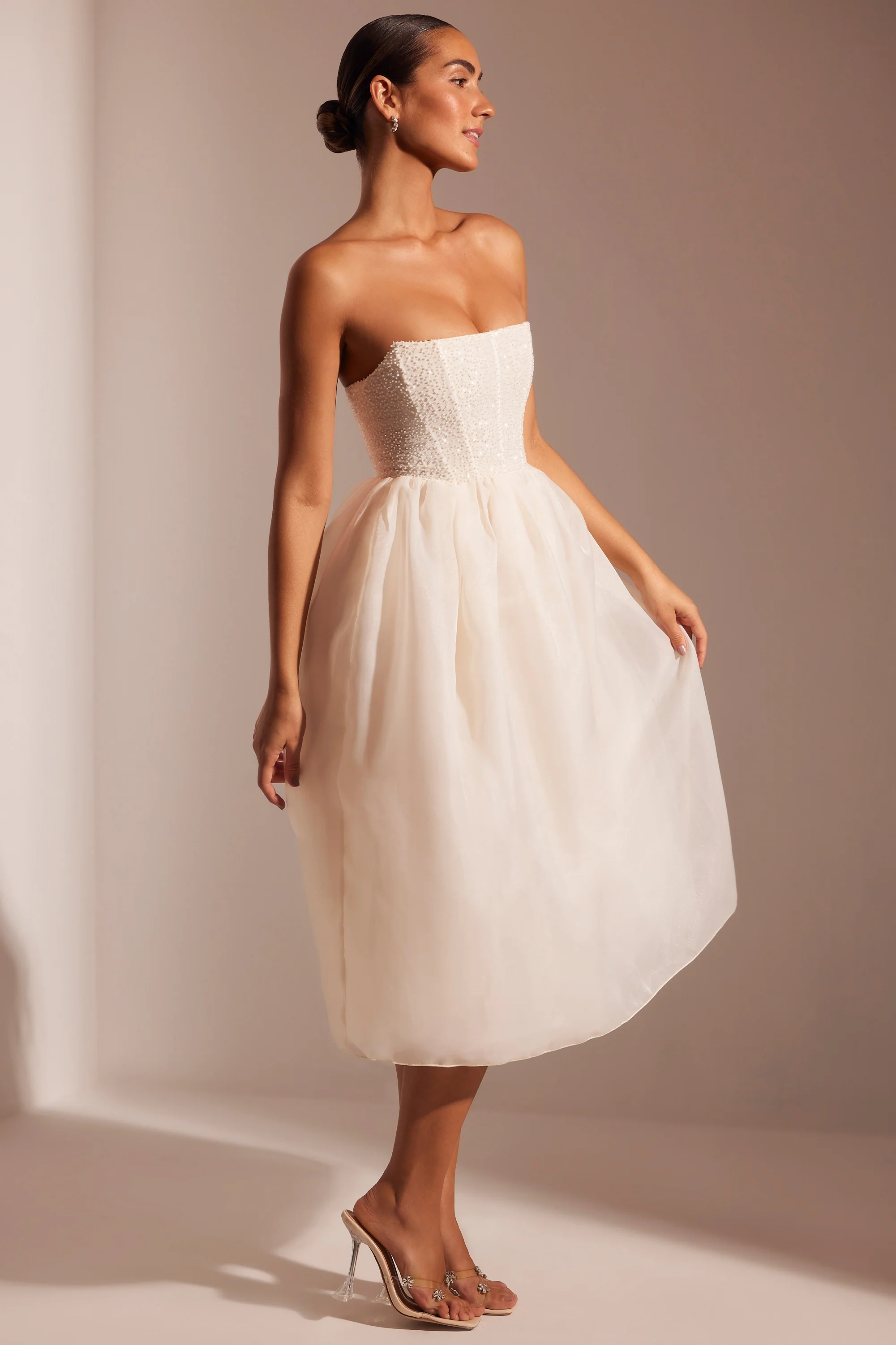 Embellished Corset Tulle Skirt Midi Dress in Ivory - Image 3