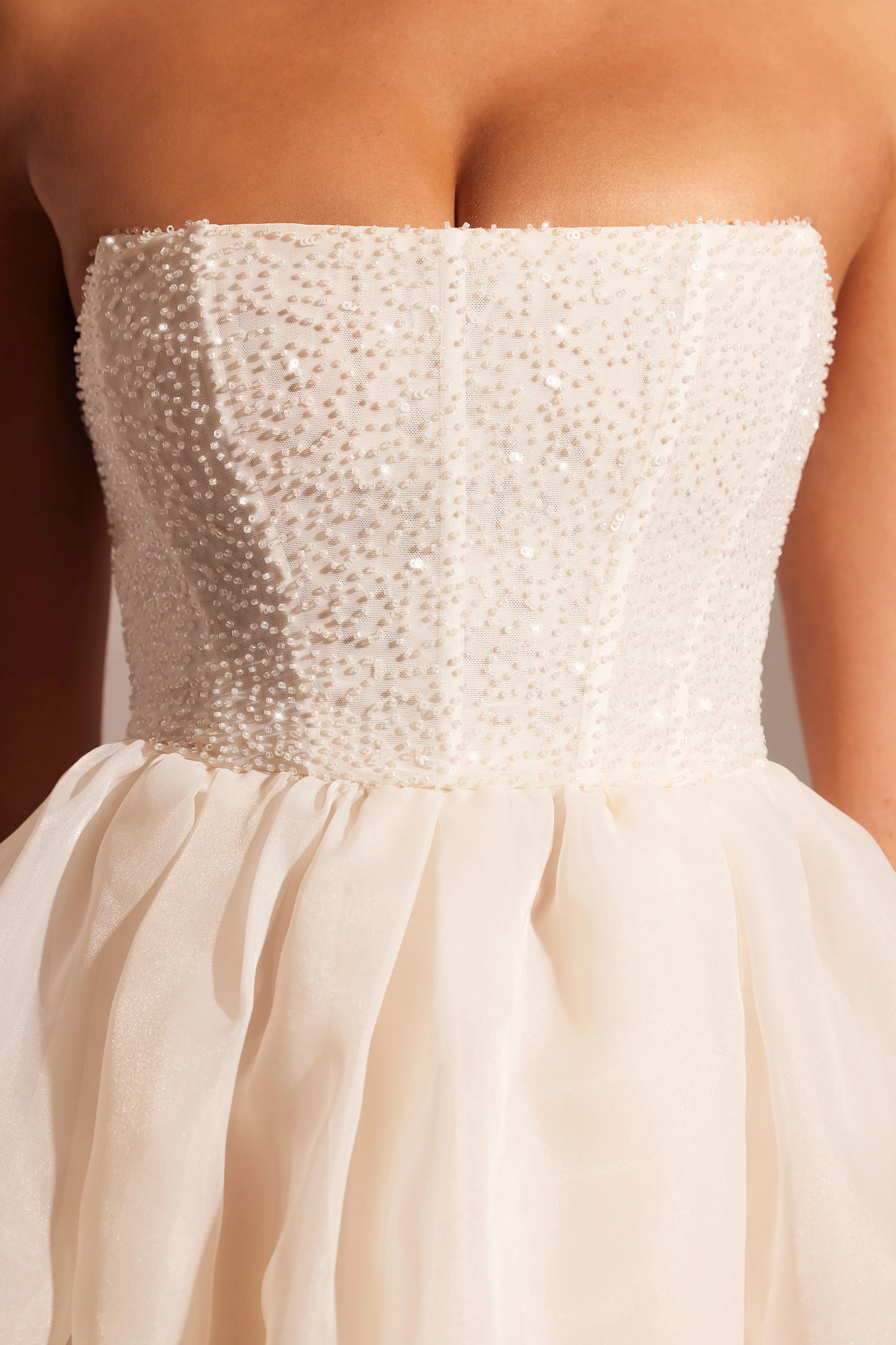 Embellished Corset Tulle Skirt Midi Dress in Ivory - Image 4