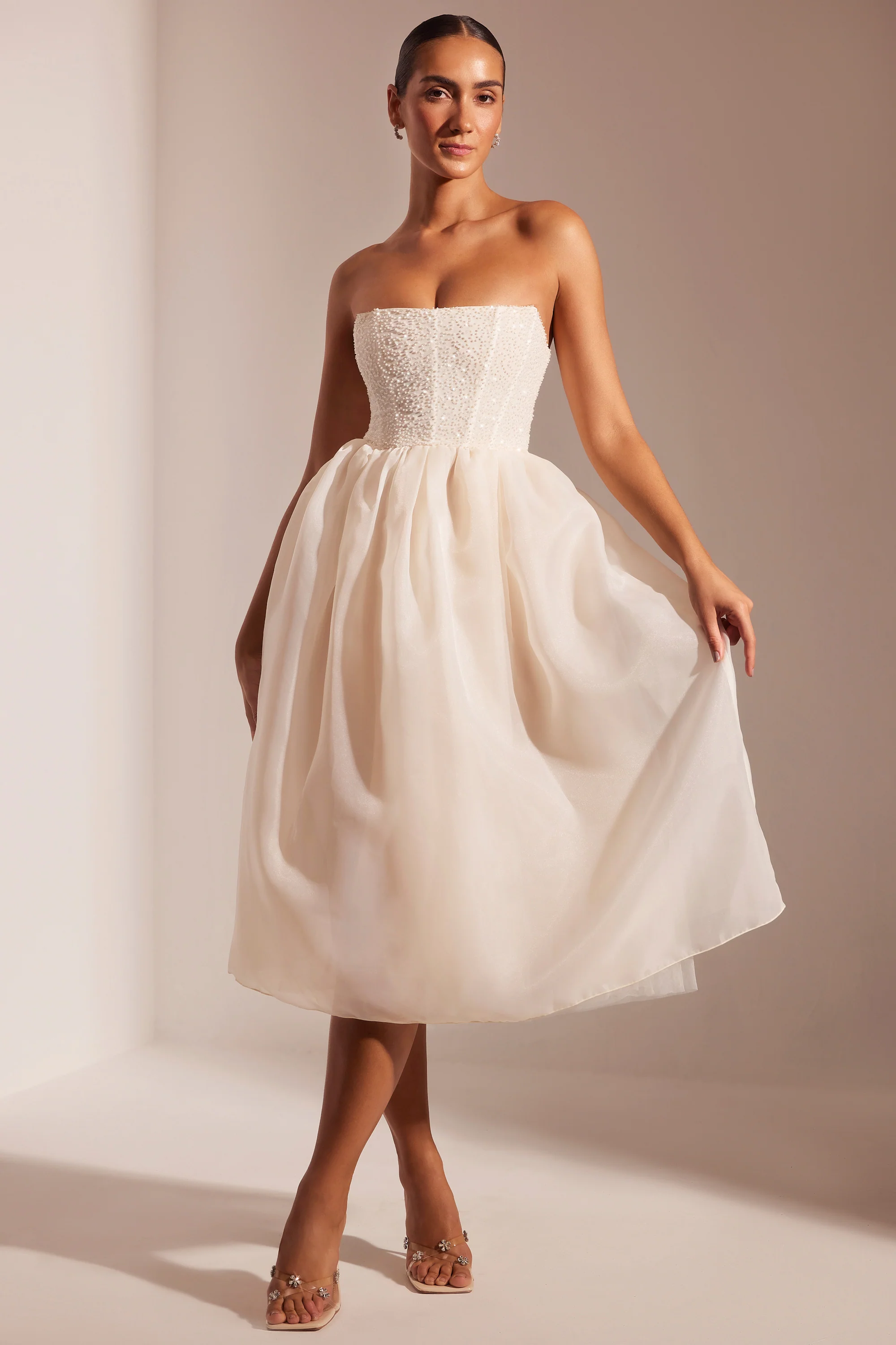 Embellished Corset Tulle Skirt Midi Dress in Ivory - Image 6