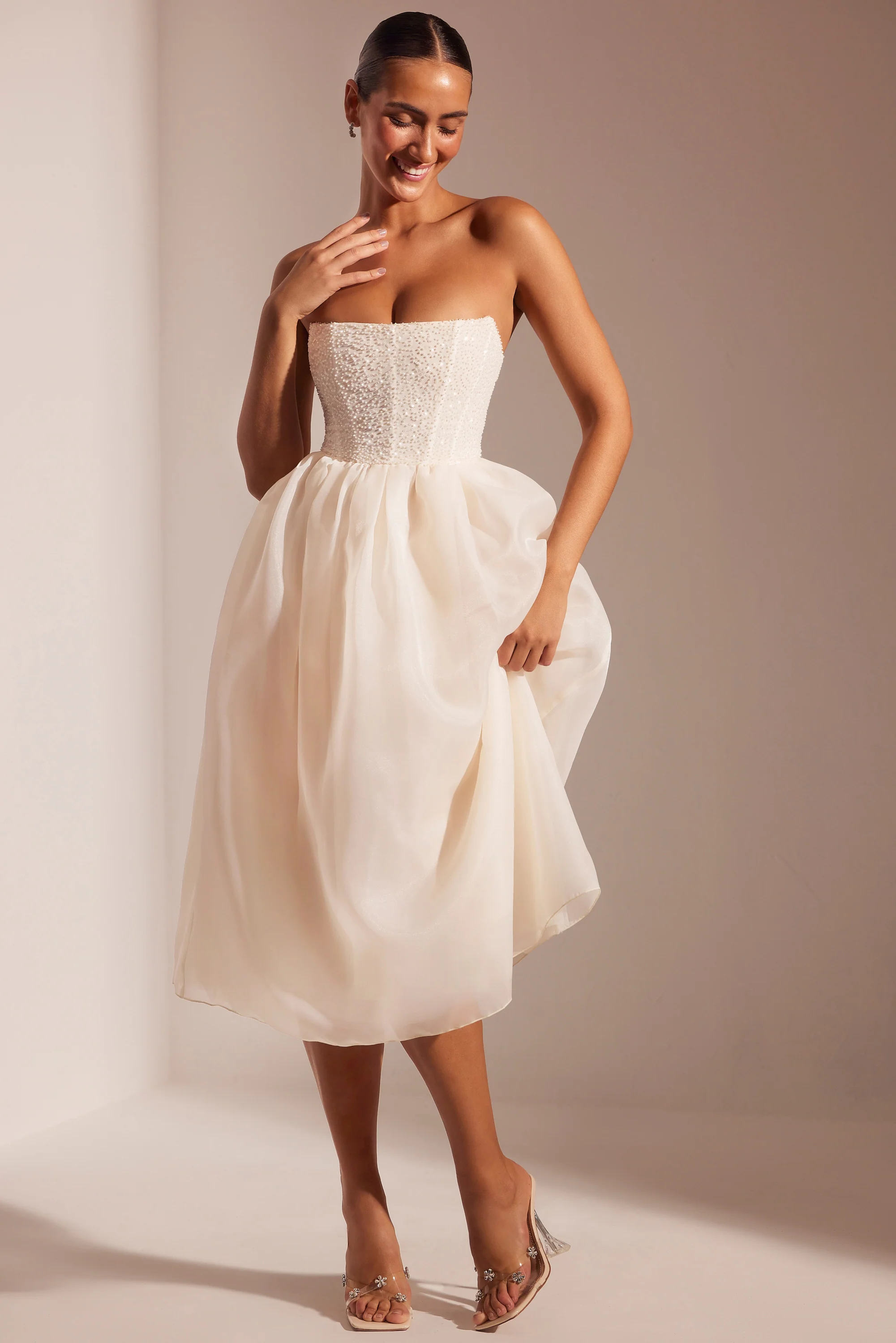 Embellished Corset Tulle Skirt Midi Dress in Ivory - Image 7