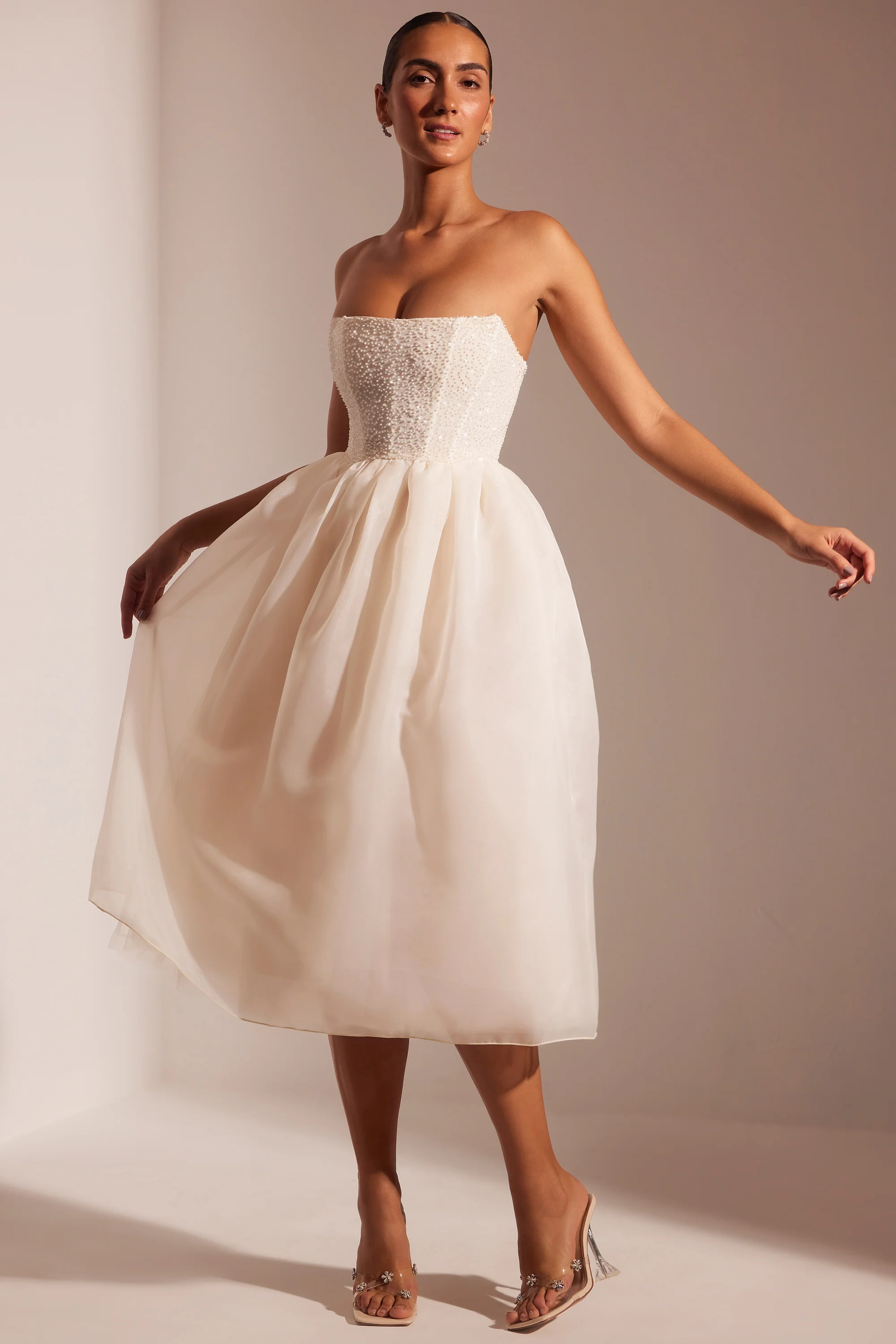 Embellished Corset Tulle Skirt Midi Dress in Ivory - Image 8