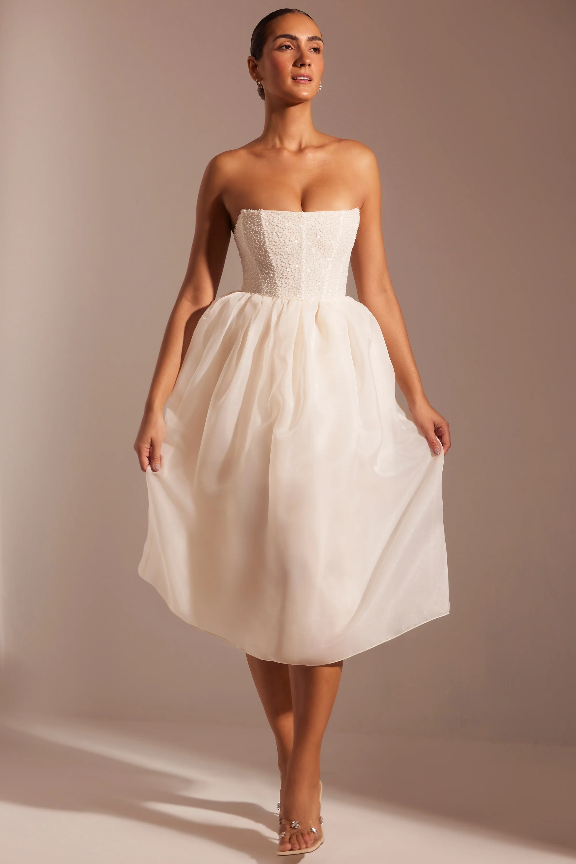 Embellished Corset Tulle Skirt Midi Dress in Ivory - Image 9