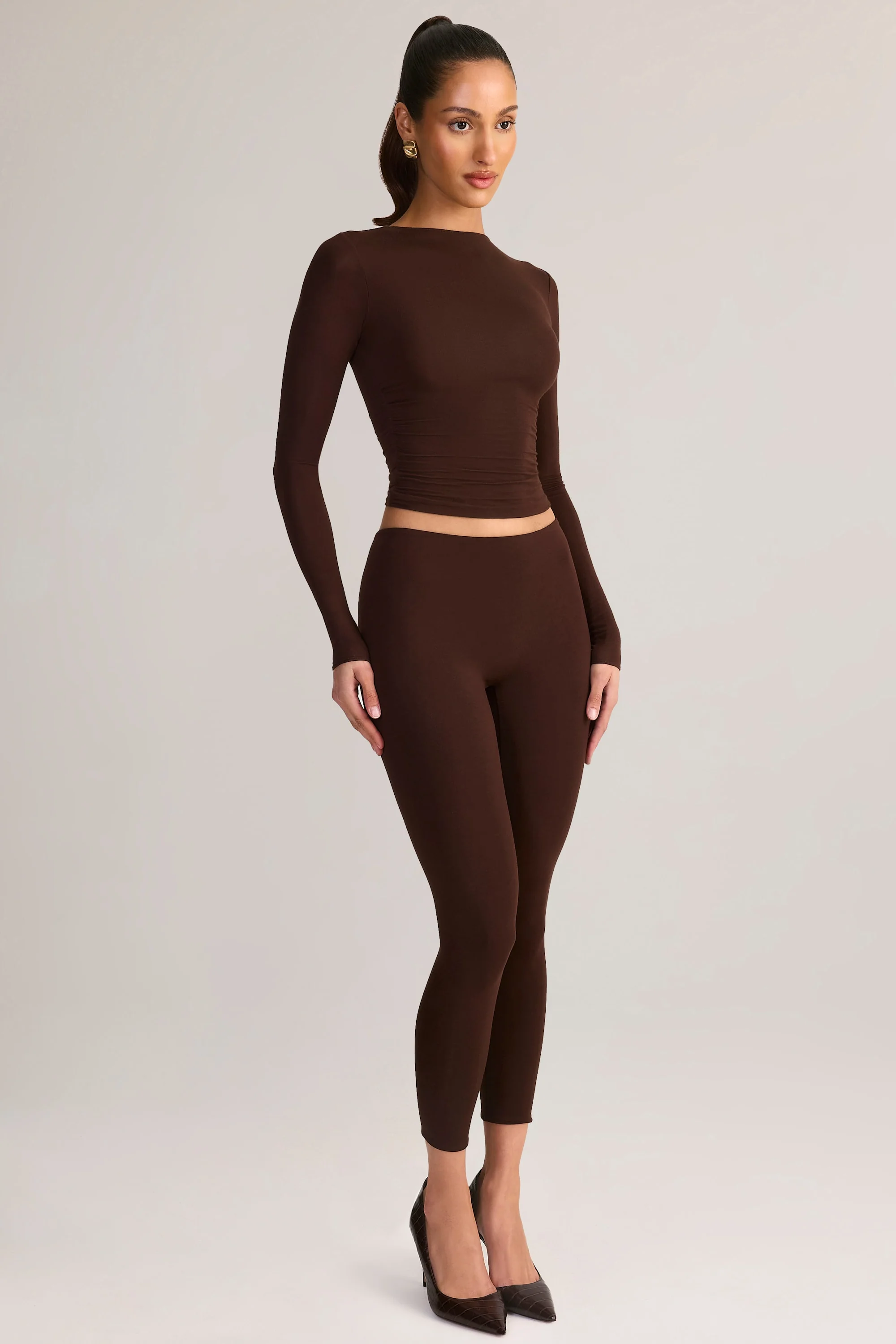 Modal Mid-Rise Cropped Leggings in Chocolate Brown - Image 4