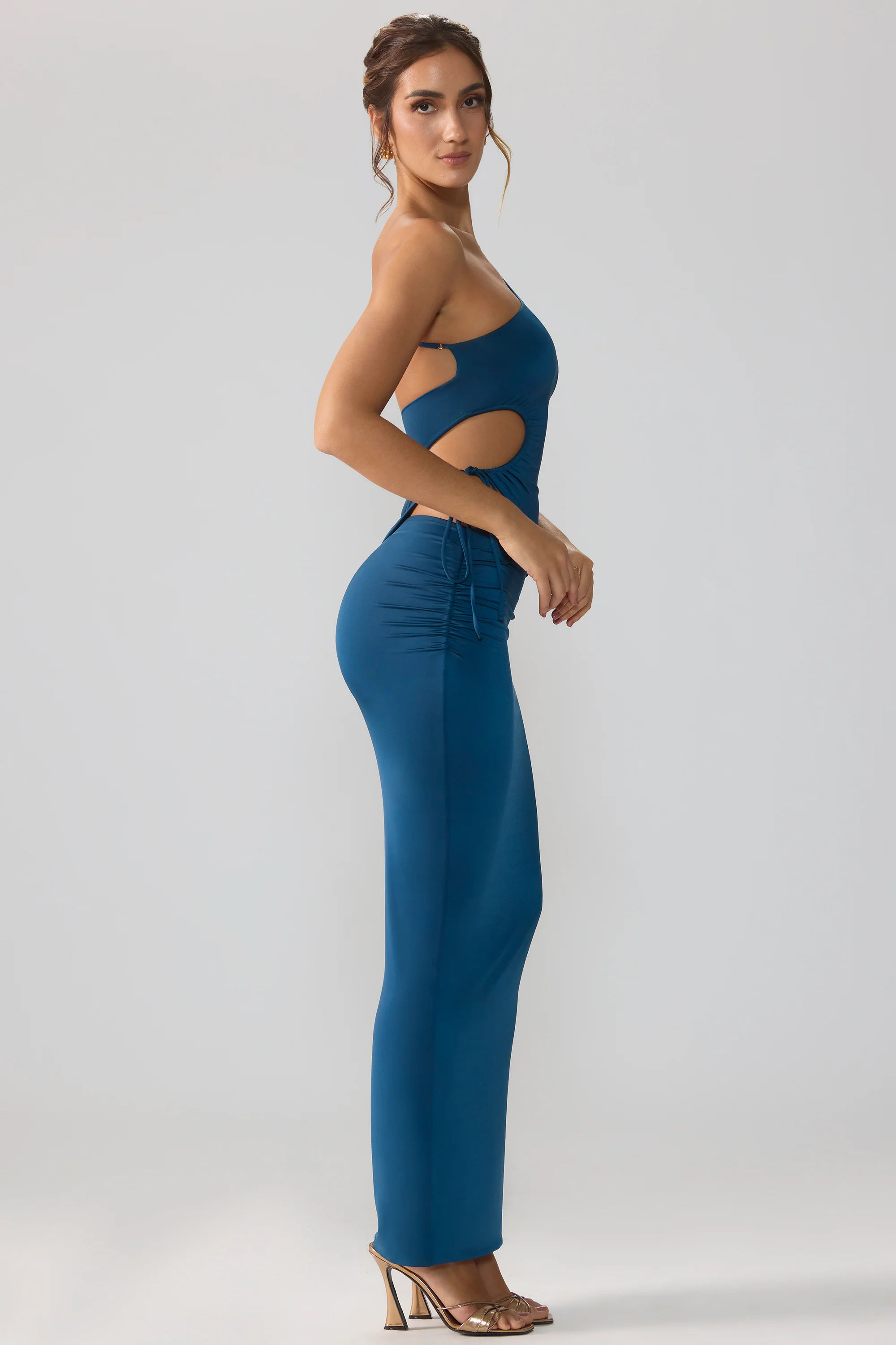 Slinky Jersey Asymmetric Waist Maxi Skirt in Midnight Blue - Image 3