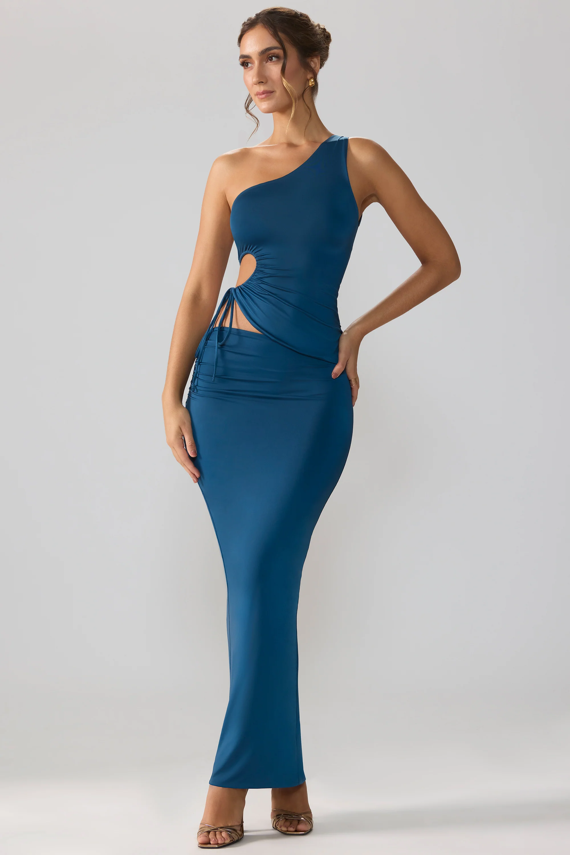 Slinky Jersey Asymmetric Waist Maxi Skirt in Midnight Blue - Image 4