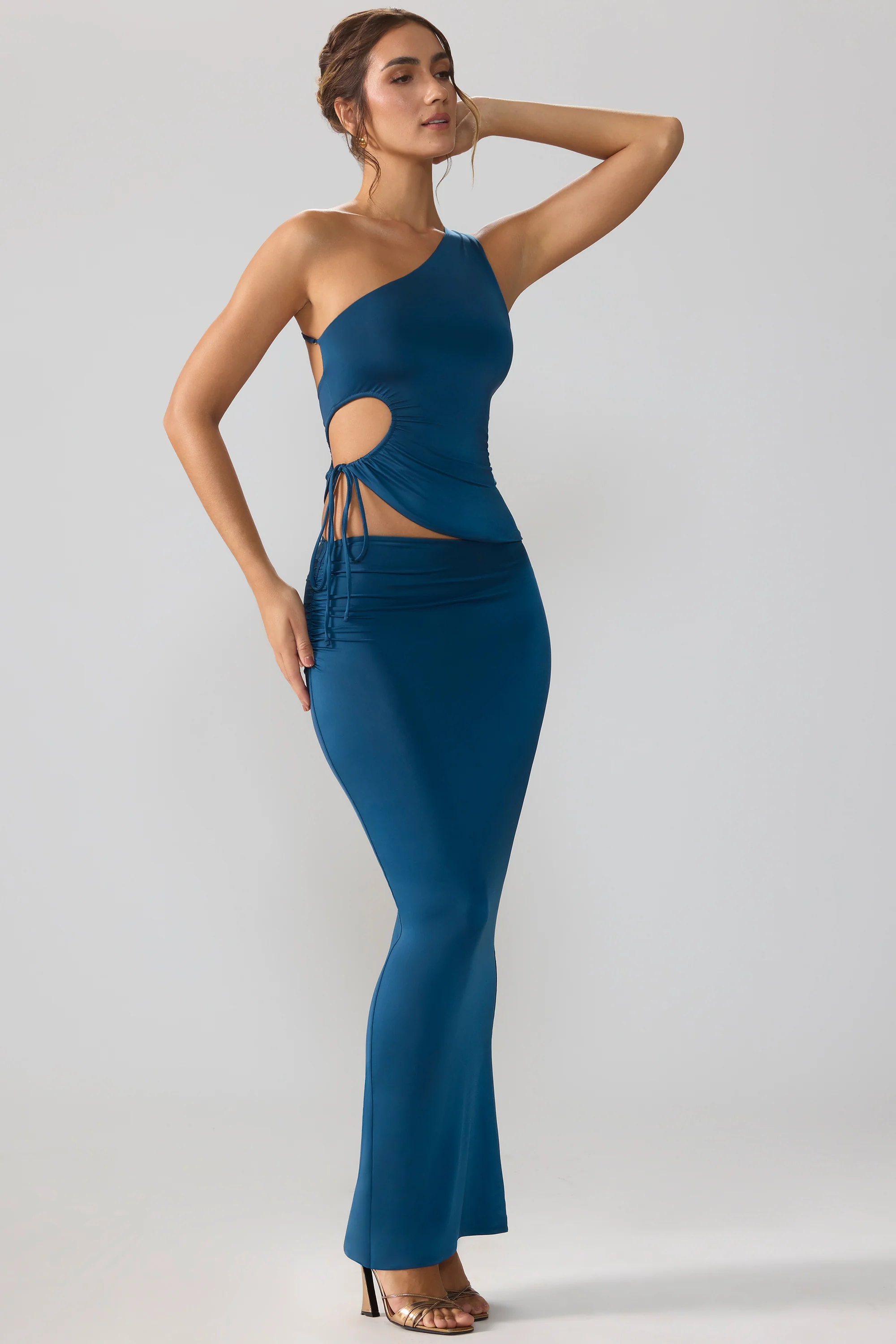 Slinky Jersey Asymmetric Waist Maxi Skirt in Midnight Blue - Image 5