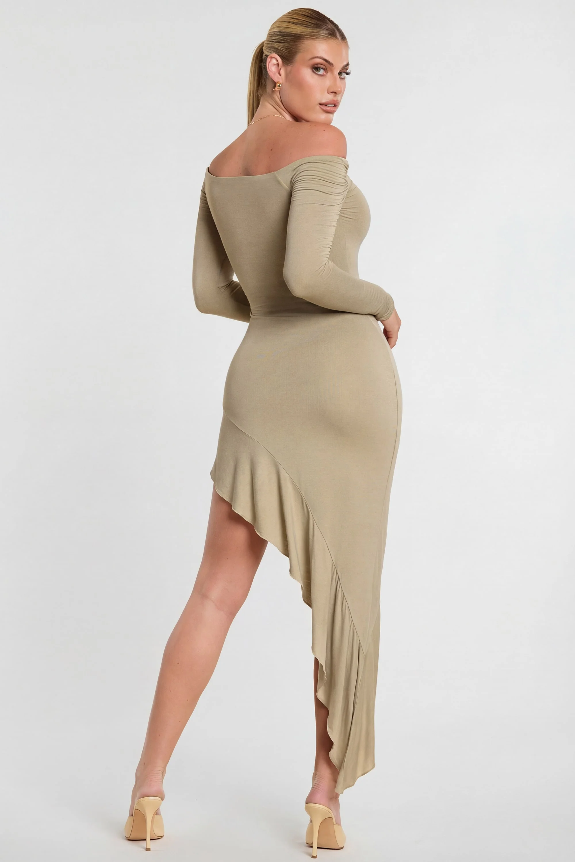 Long Sleeve Off-The-Shoulder Modal Cashmere Blend Maxi Dress in Taupe - Image 2