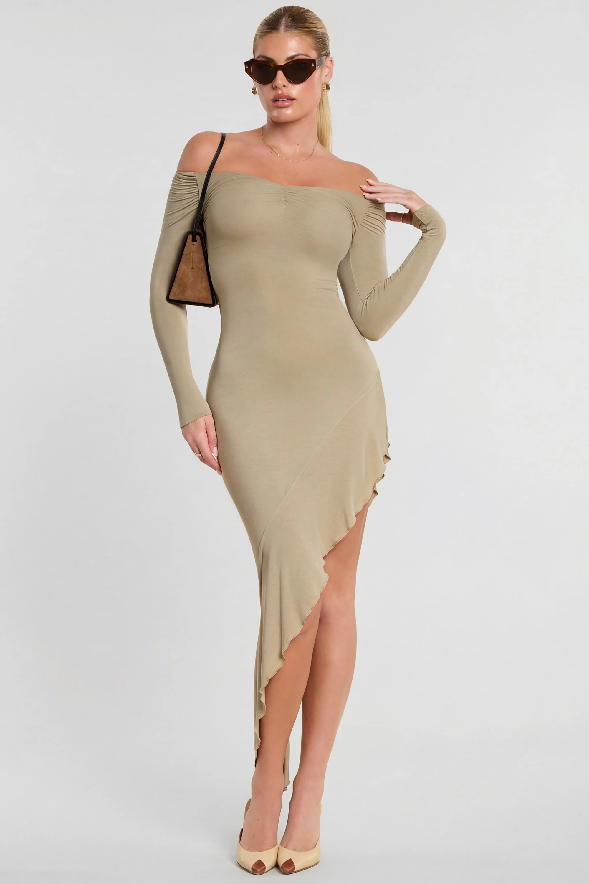 Long Sleeve Off-The-Shoulder Modal Cashmere Blend Maxi Dress in Taupe - Image 8