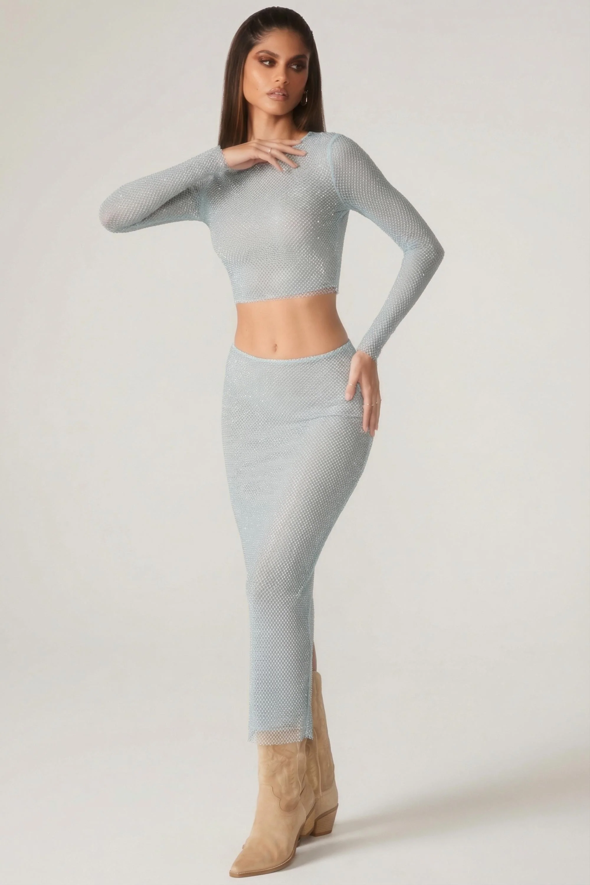 Embellished Low Rise Maxi Skirt in Aqua - Image 7