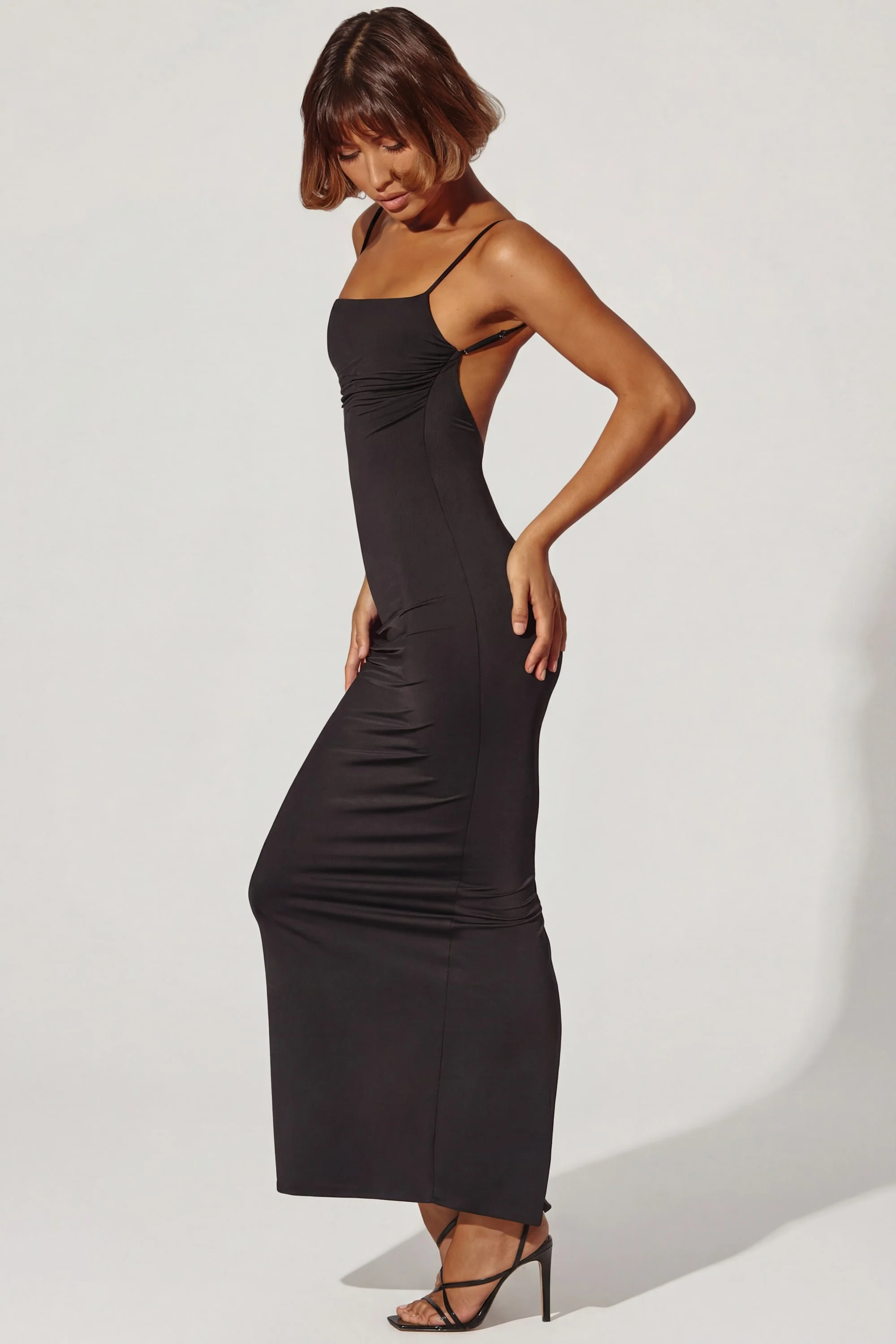 Ruched Bodycon Maxi Dress in Black - Image 4