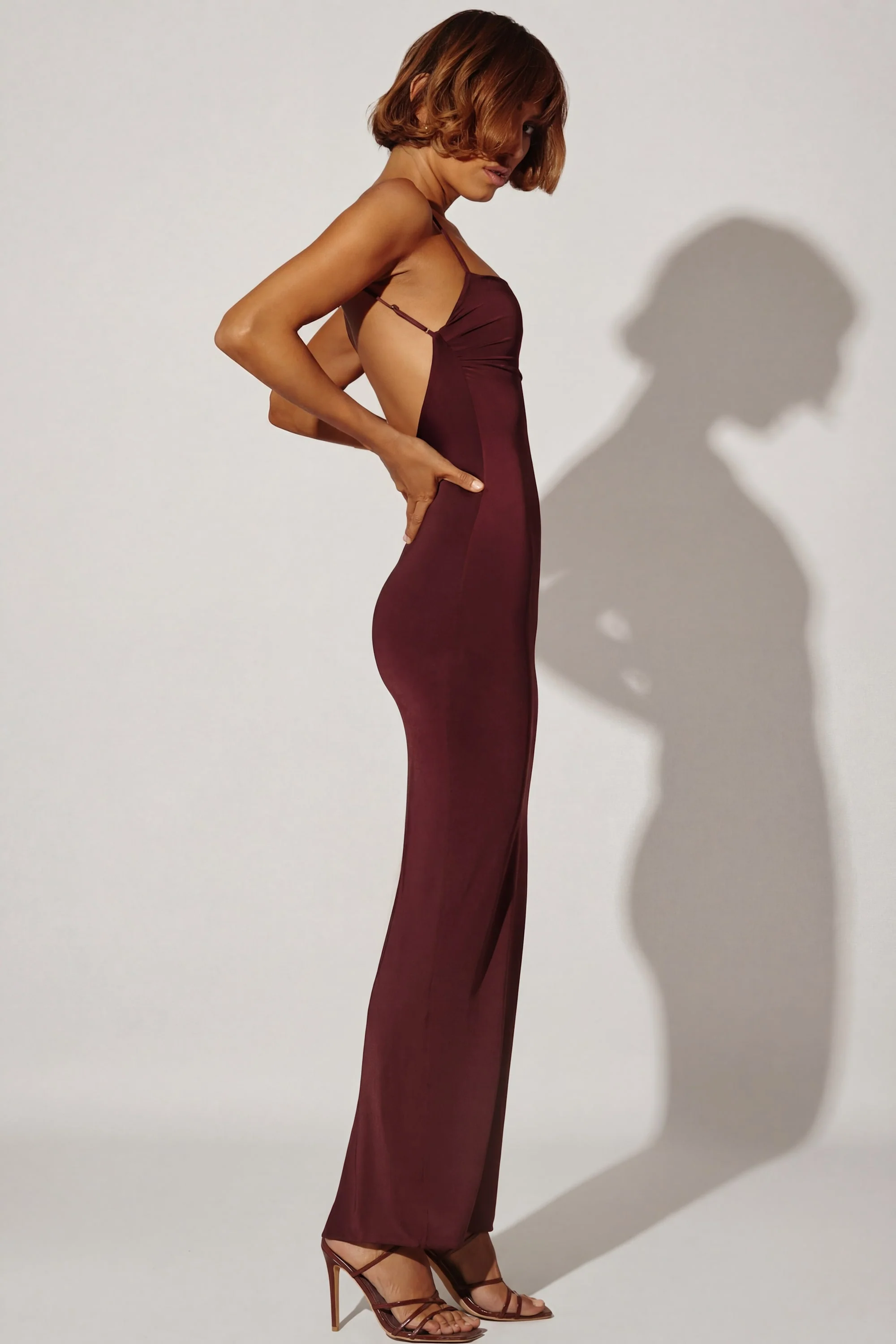Ruched Bodycon Maxi Dress in Brown - Image 4