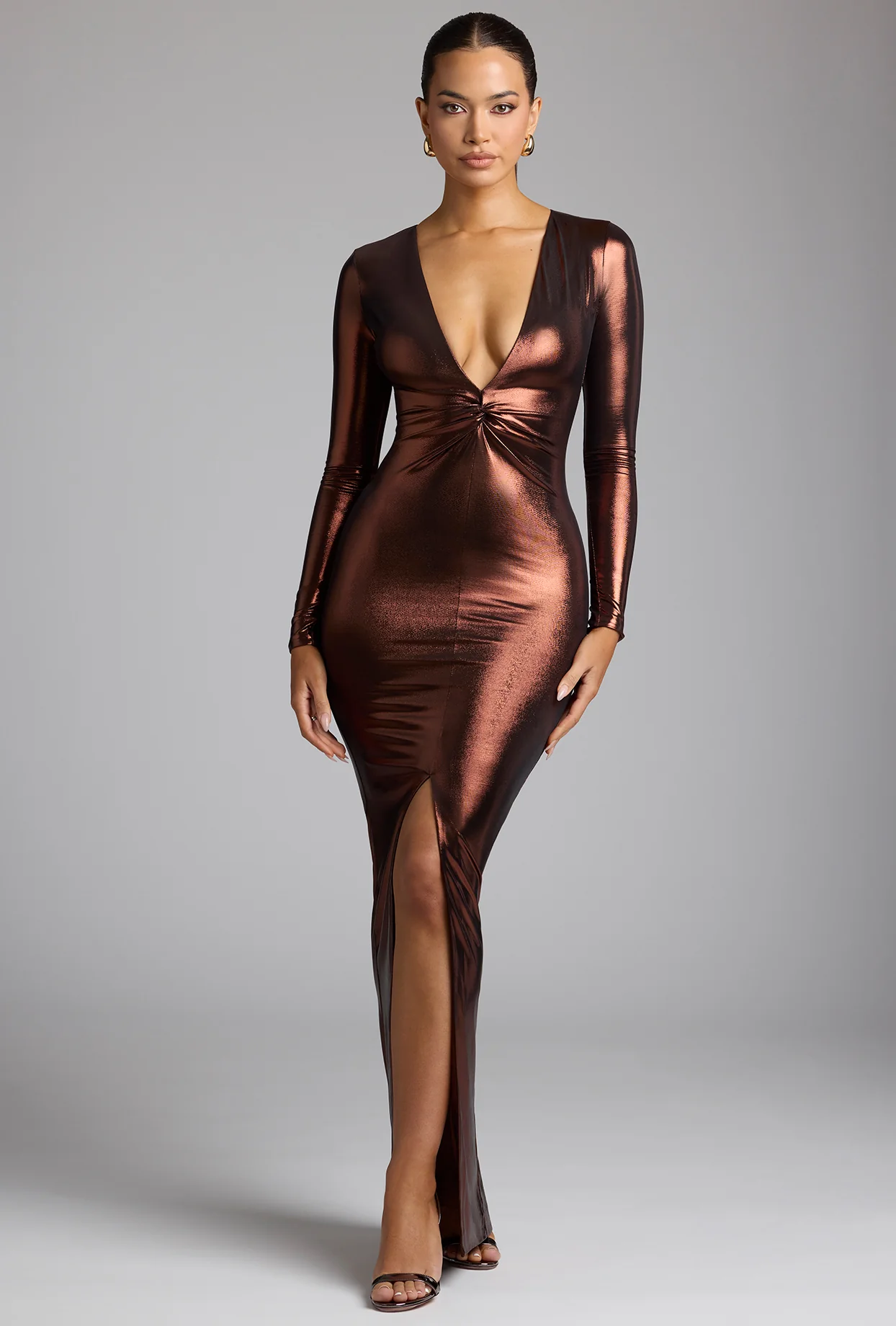 Long Sleeve Metallic Jersey Evening Gown in Copper Bronze - Image 7