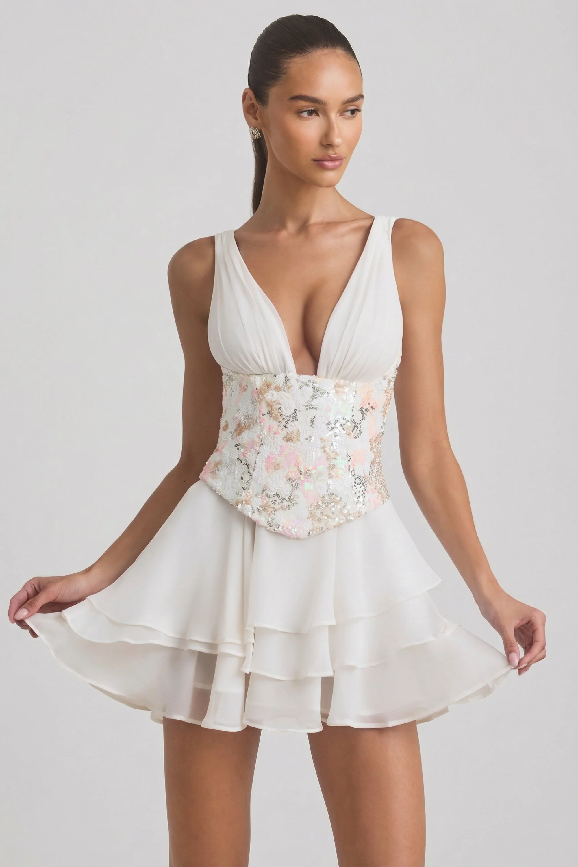 Embellished Ruffled Corset Mini Dress in Ivory - Image 7
