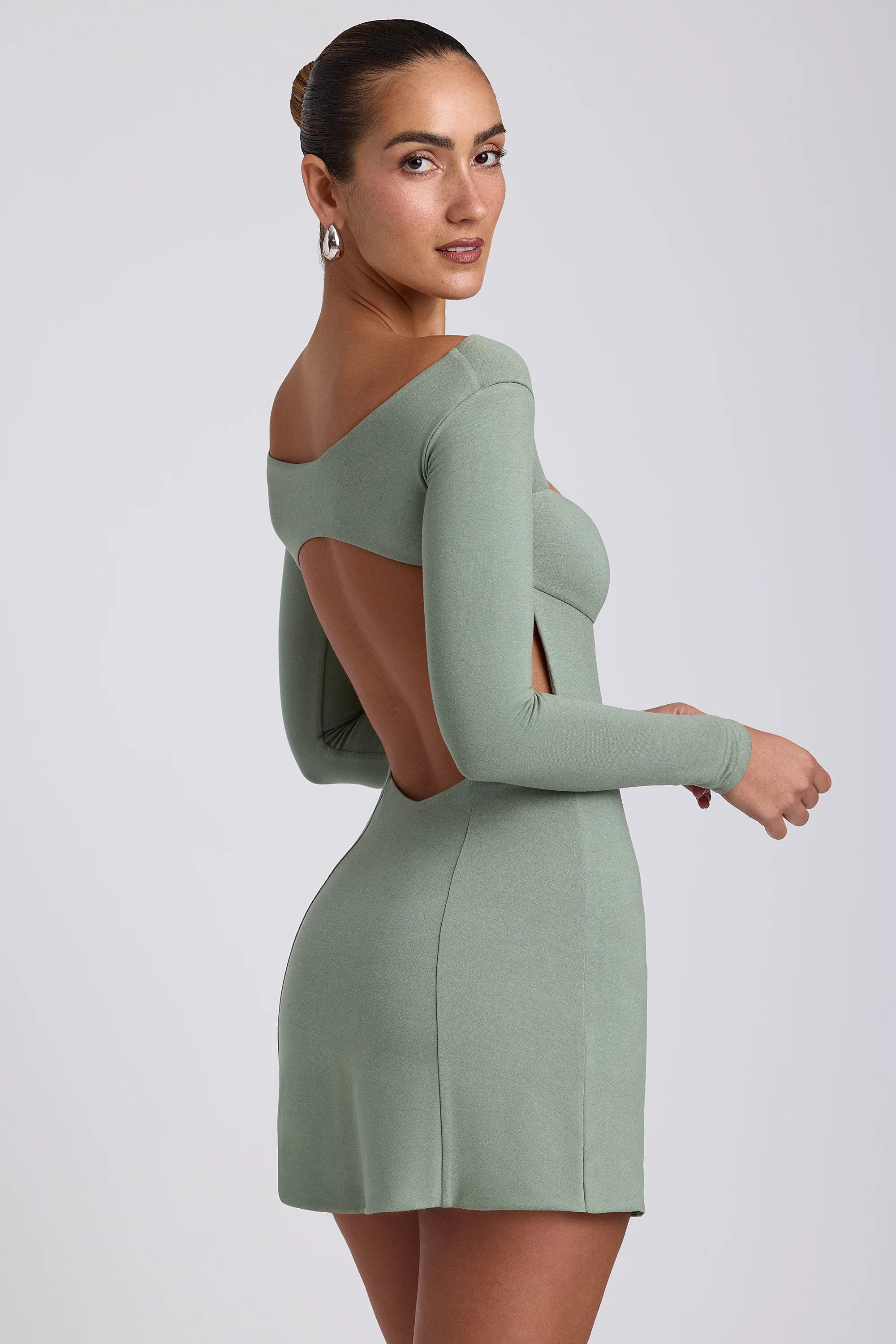 Modal Twist-Front Long-Sleeve Mini Dress in Sage Green - Image 6