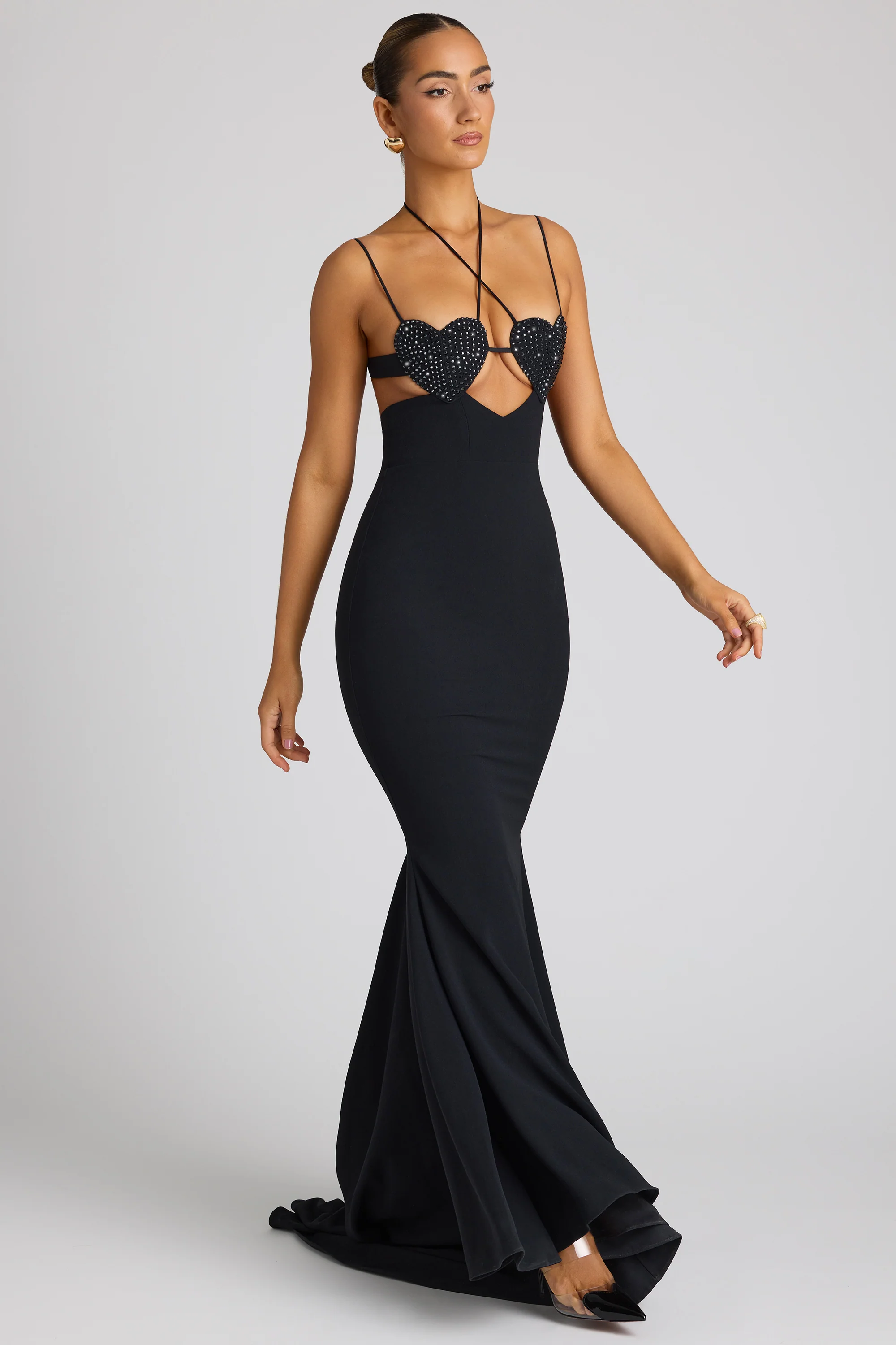 Embellished Heart Cup Detail Evening Gown in Black - Image 6
