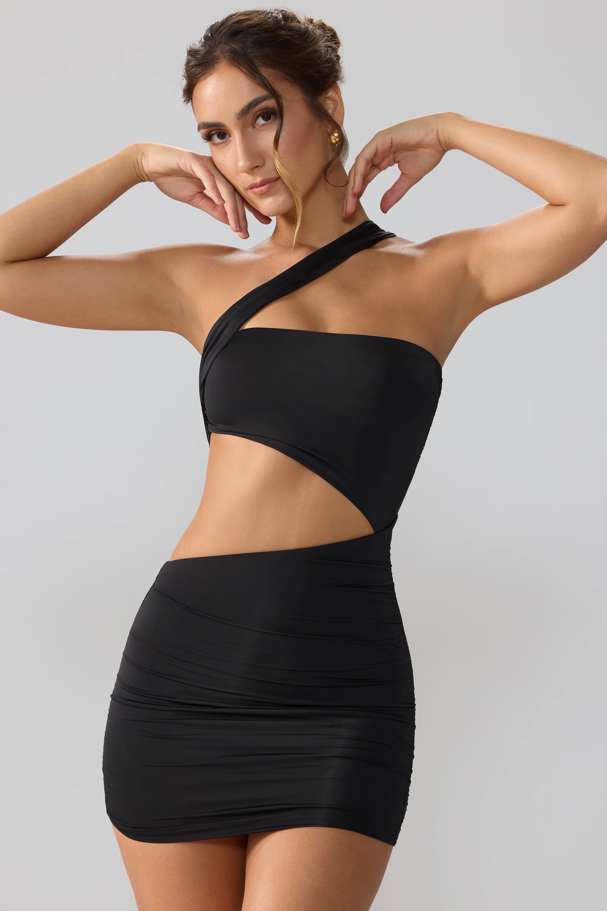 Slinky Jersey Ruched Cut Out Mini Dress in Black - Image 5