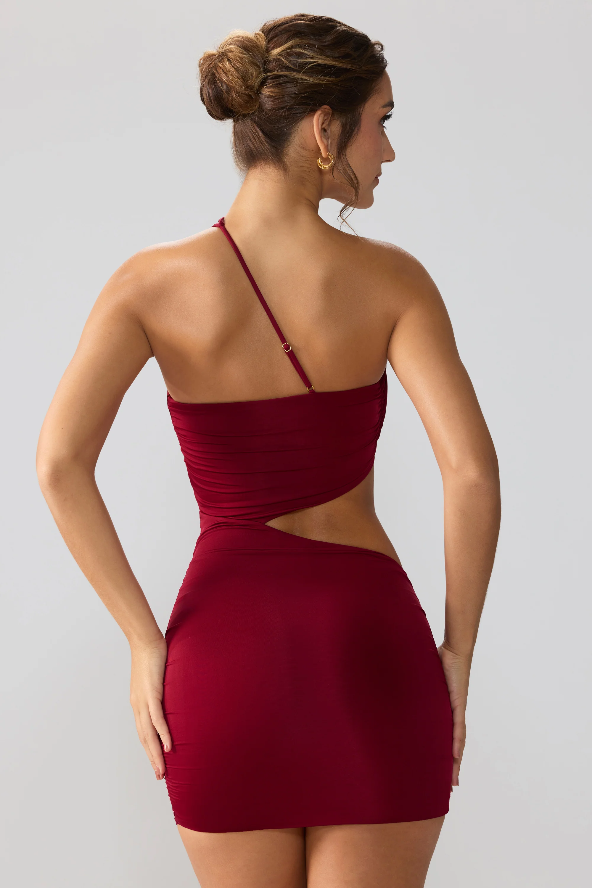 Slinky Jersey Ruched Cut Out Mini Dress in Ruby - Image 2