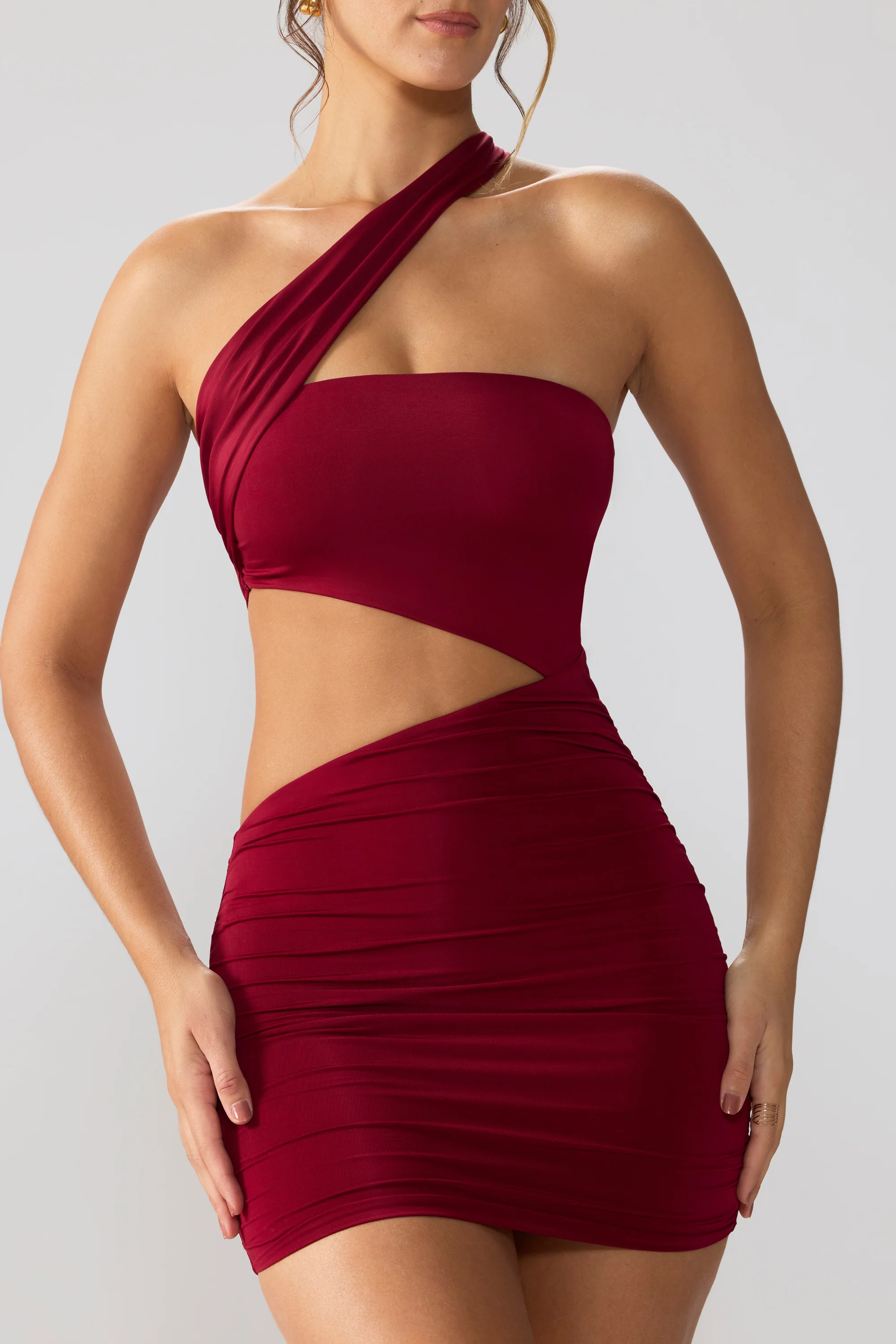 Slinky Jersey Ruched Cut Out Mini Dress in Ruby - Image 5