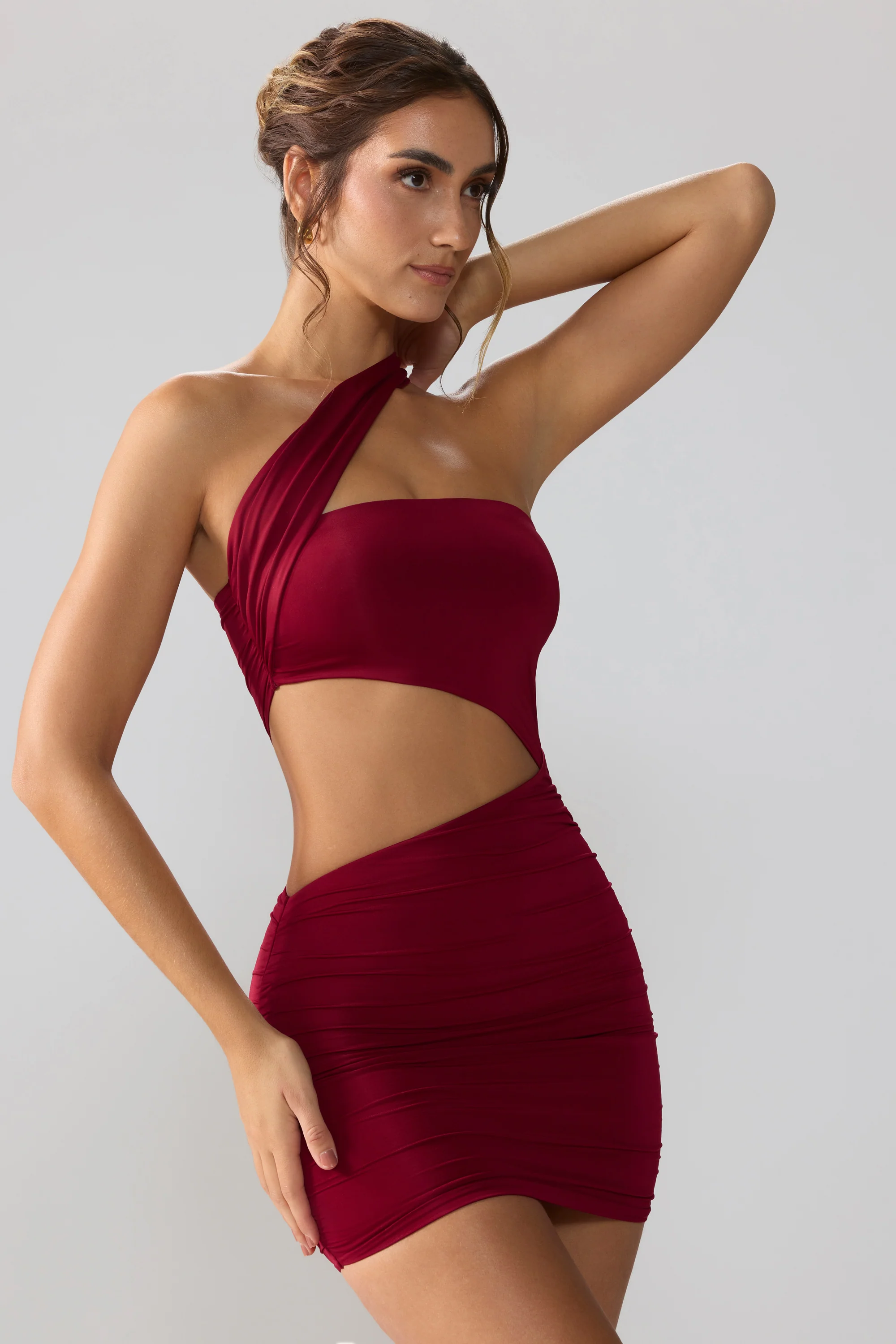 Slinky Jersey Ruched Cut Out Mini Dress in Ruby - Image 7