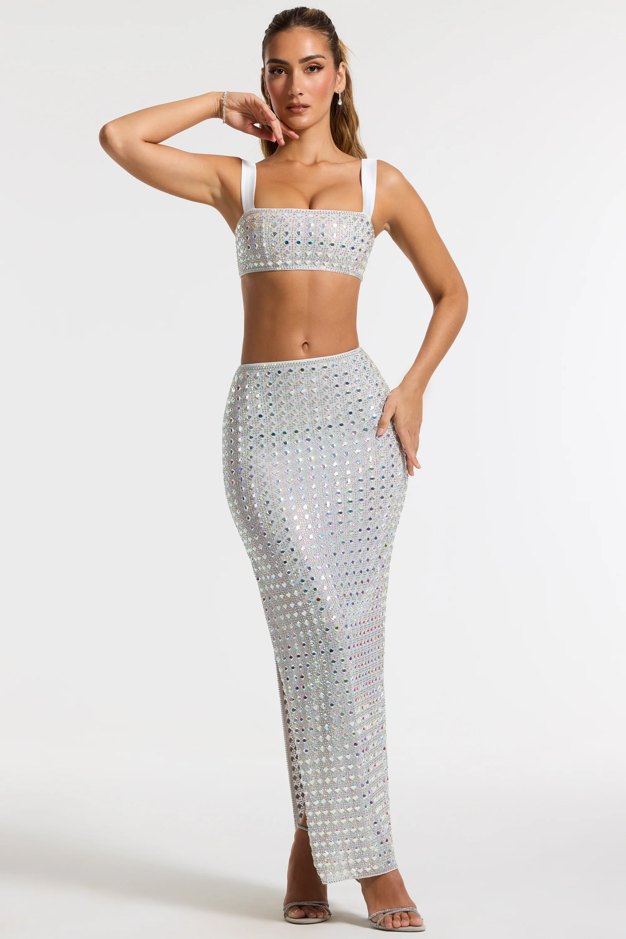 Embellished Mid Rise Gown Skirt in Silver - Image 5