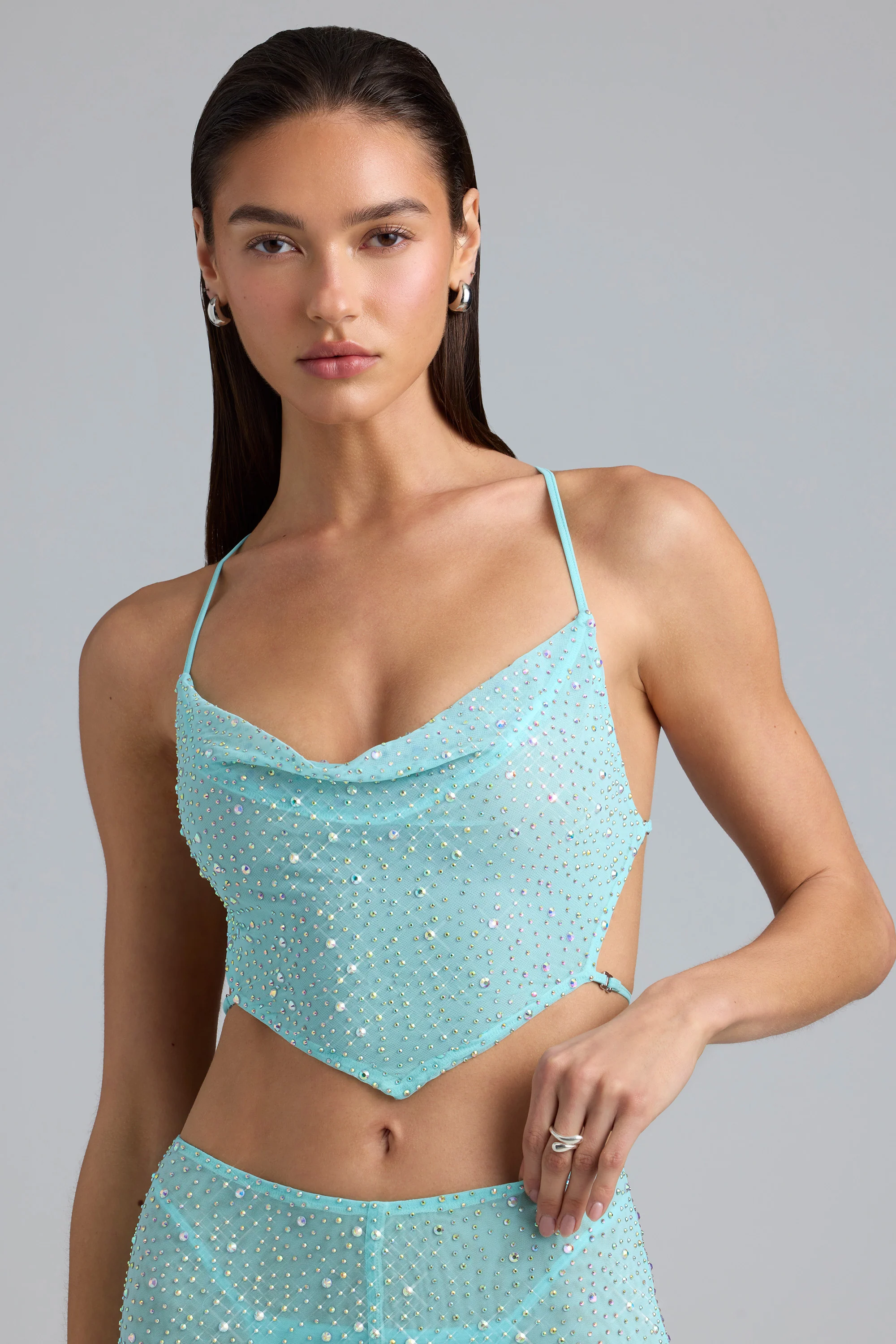 Embellished Cowl-Neck Crop Top in Ice Blue - Image 6