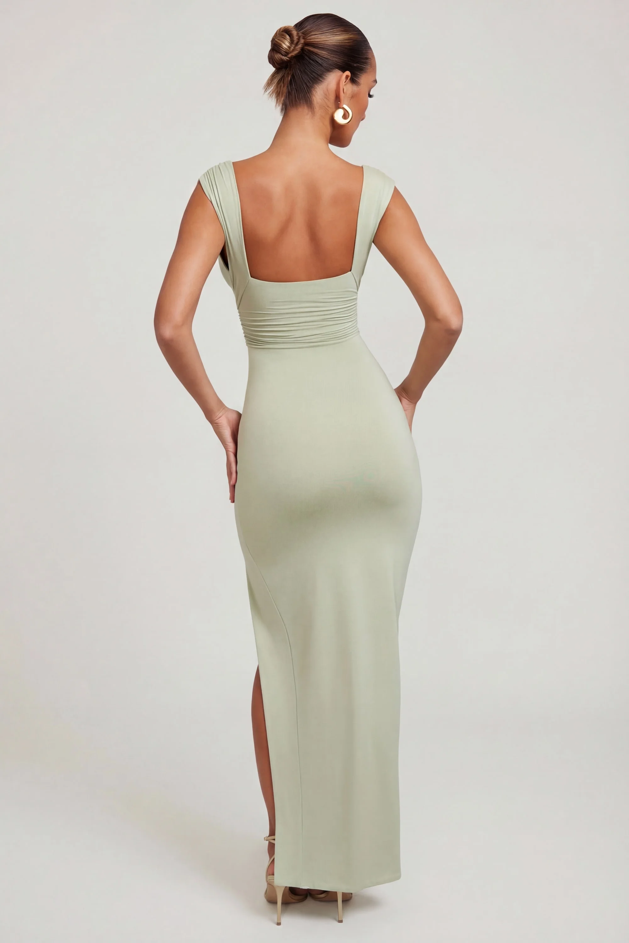 High Split Plunge Neck Maxi Dress in Sage - Image 3