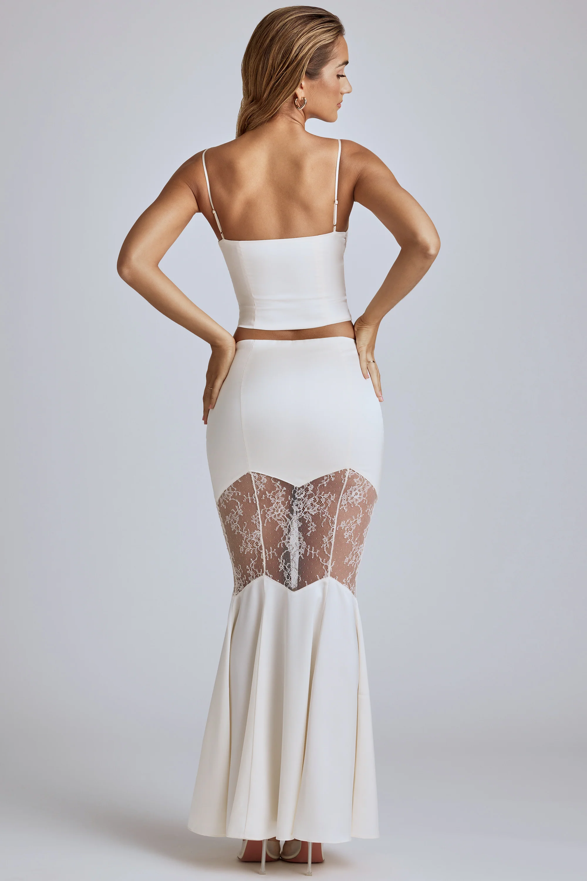 Lace Panel Fishtail Maxi Skirt in Ivory - Image 2