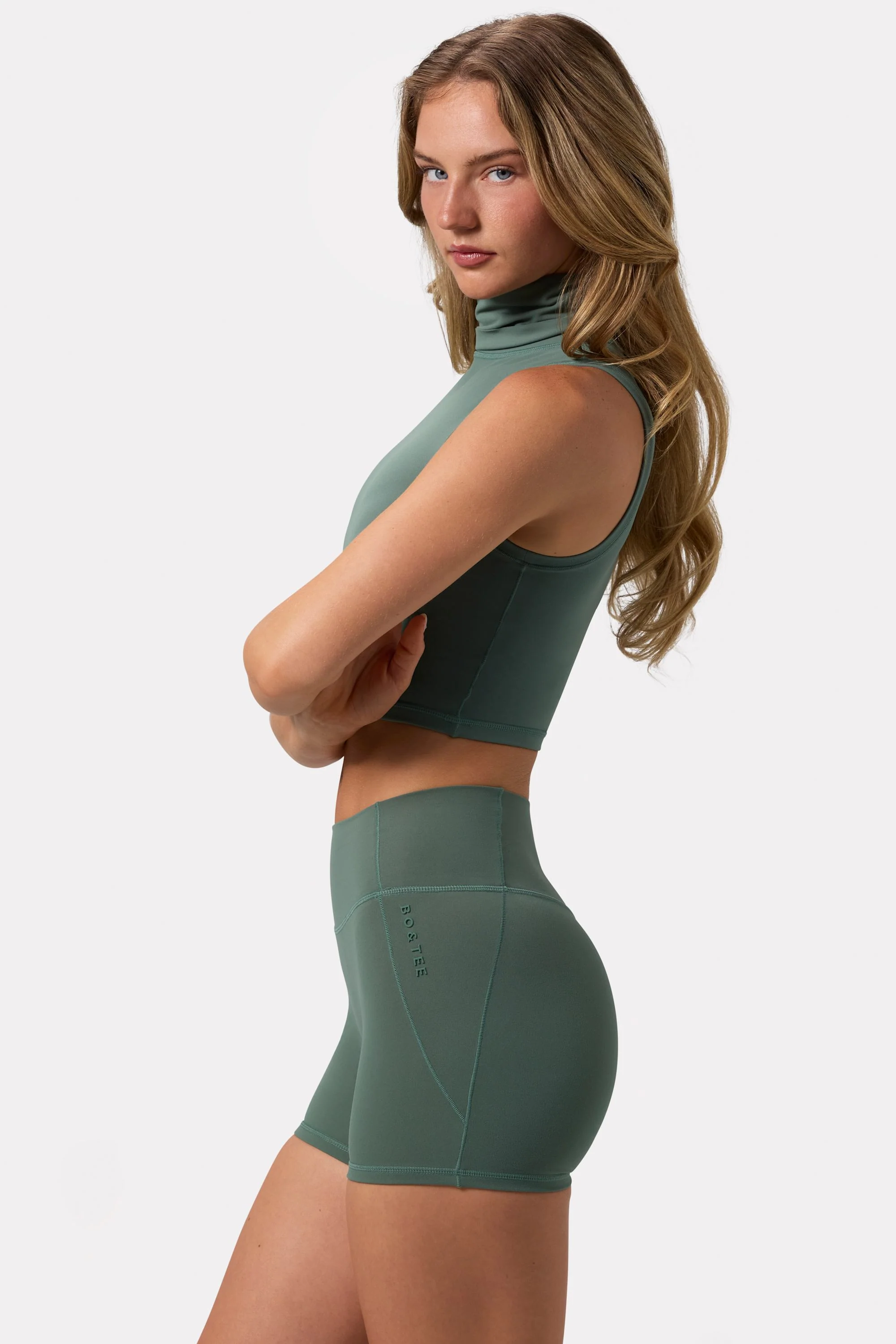 Soft Active High Waist Mini Shorts in Khaki - Image 3