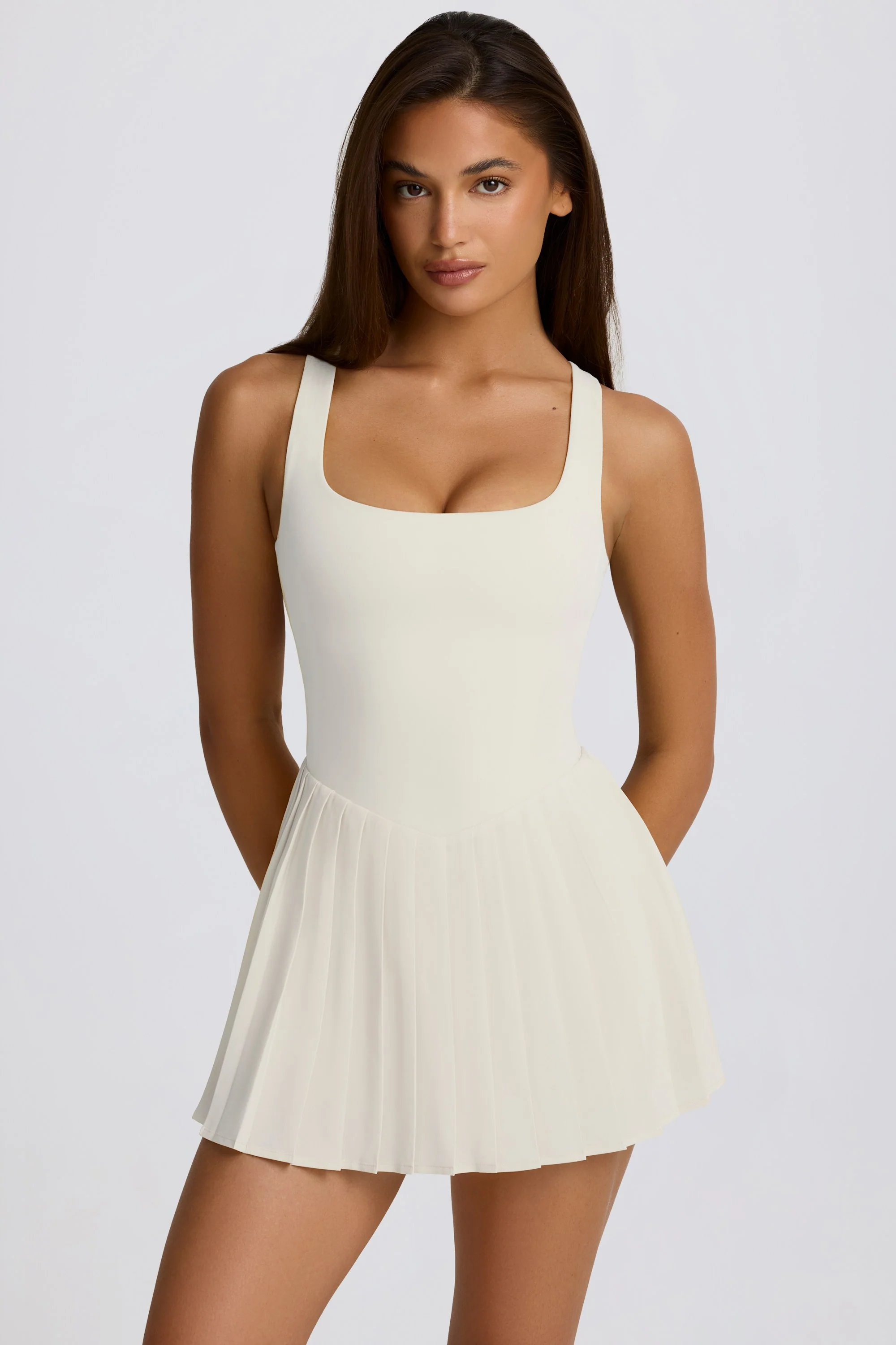 Soft Active Open-Back Pleated Tennis Dress in Coconut