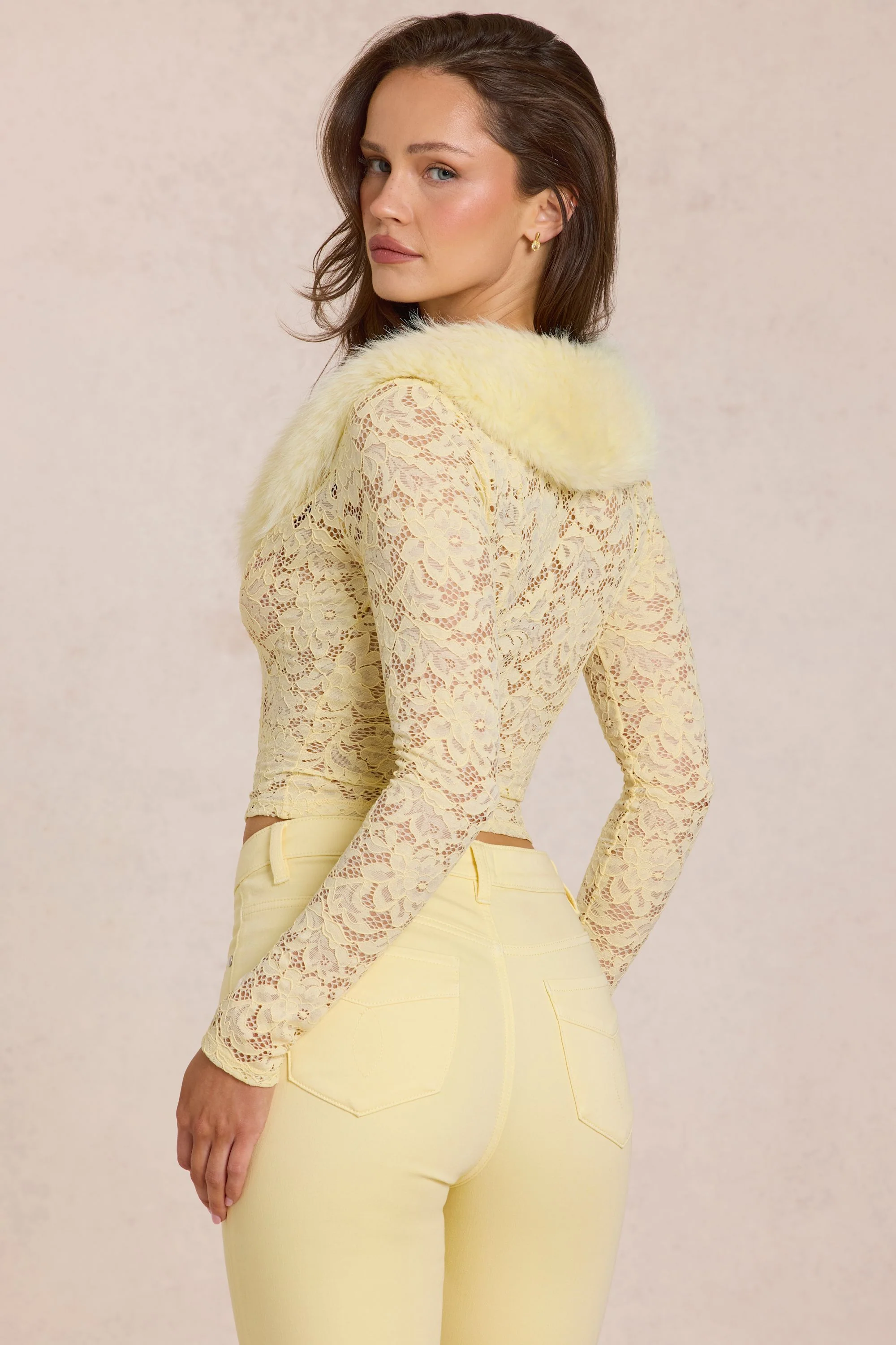 Lace Faux-Fur-Trim Cardigan in Lemon Yellow - Image 2