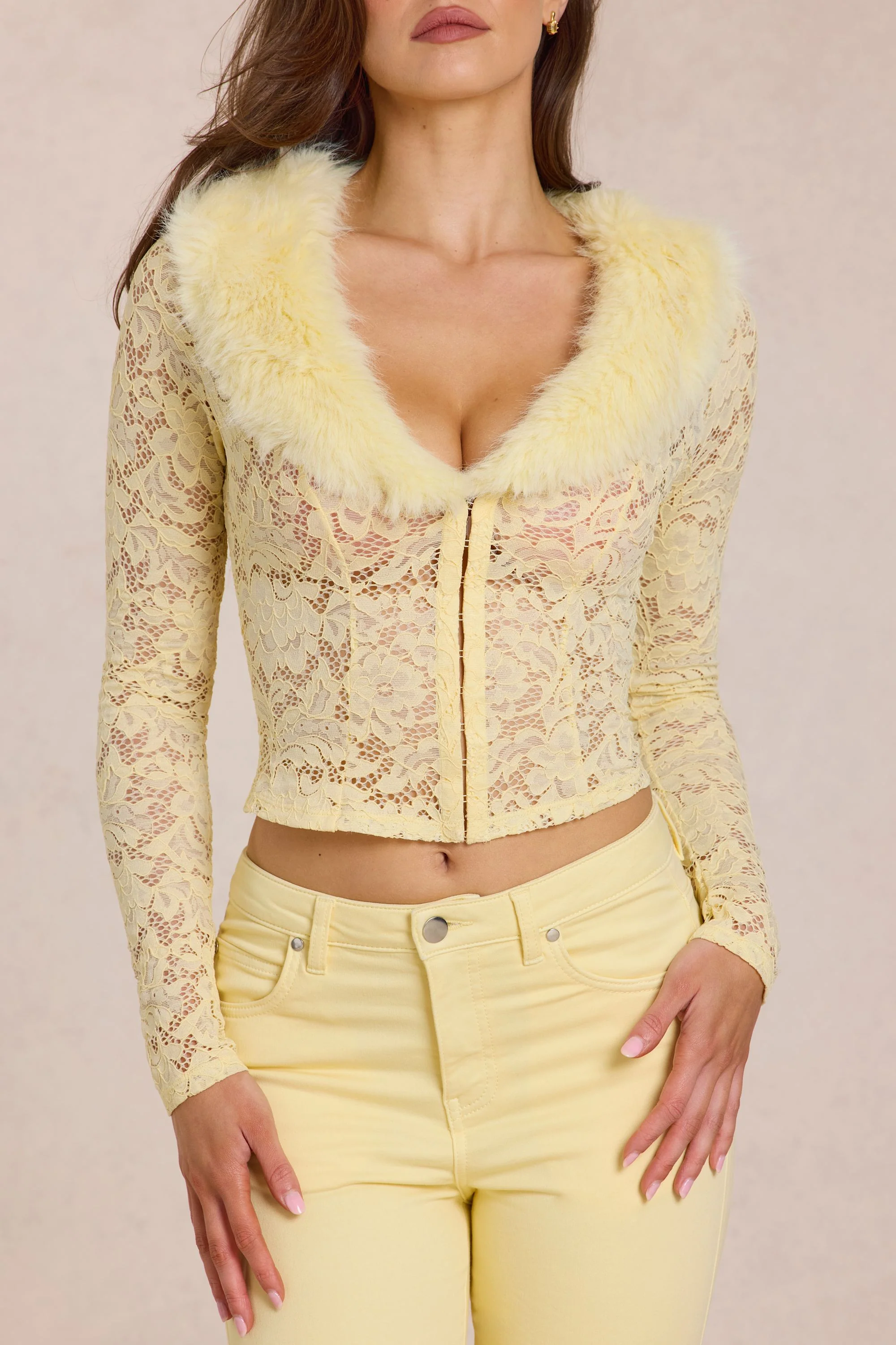 Lace Faux-Fur-Trim Cardigan in Lemon Yellow - Image 4