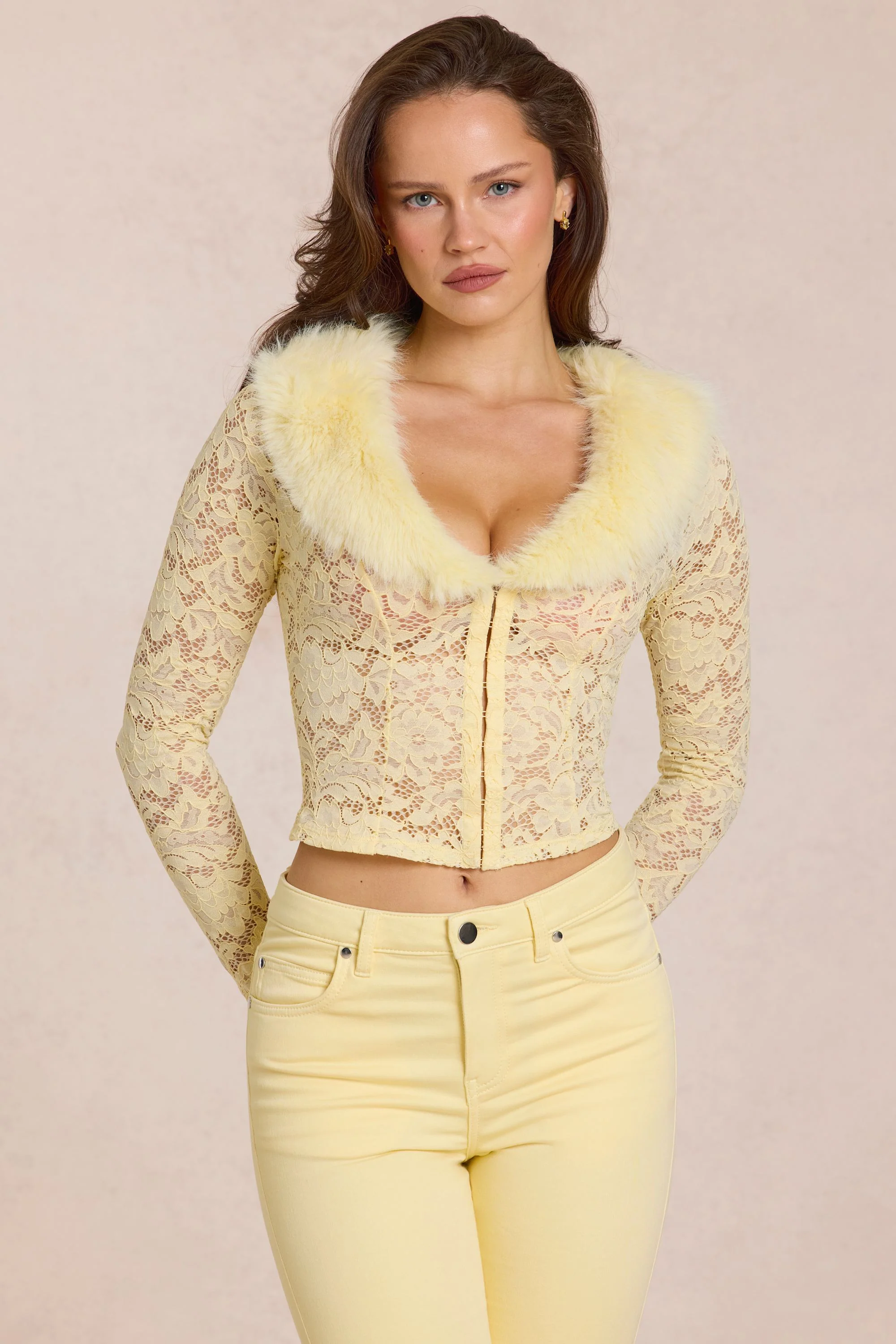 Lace Faux-Fur-Trim Cardigan in Lemon Yellow - Image 5