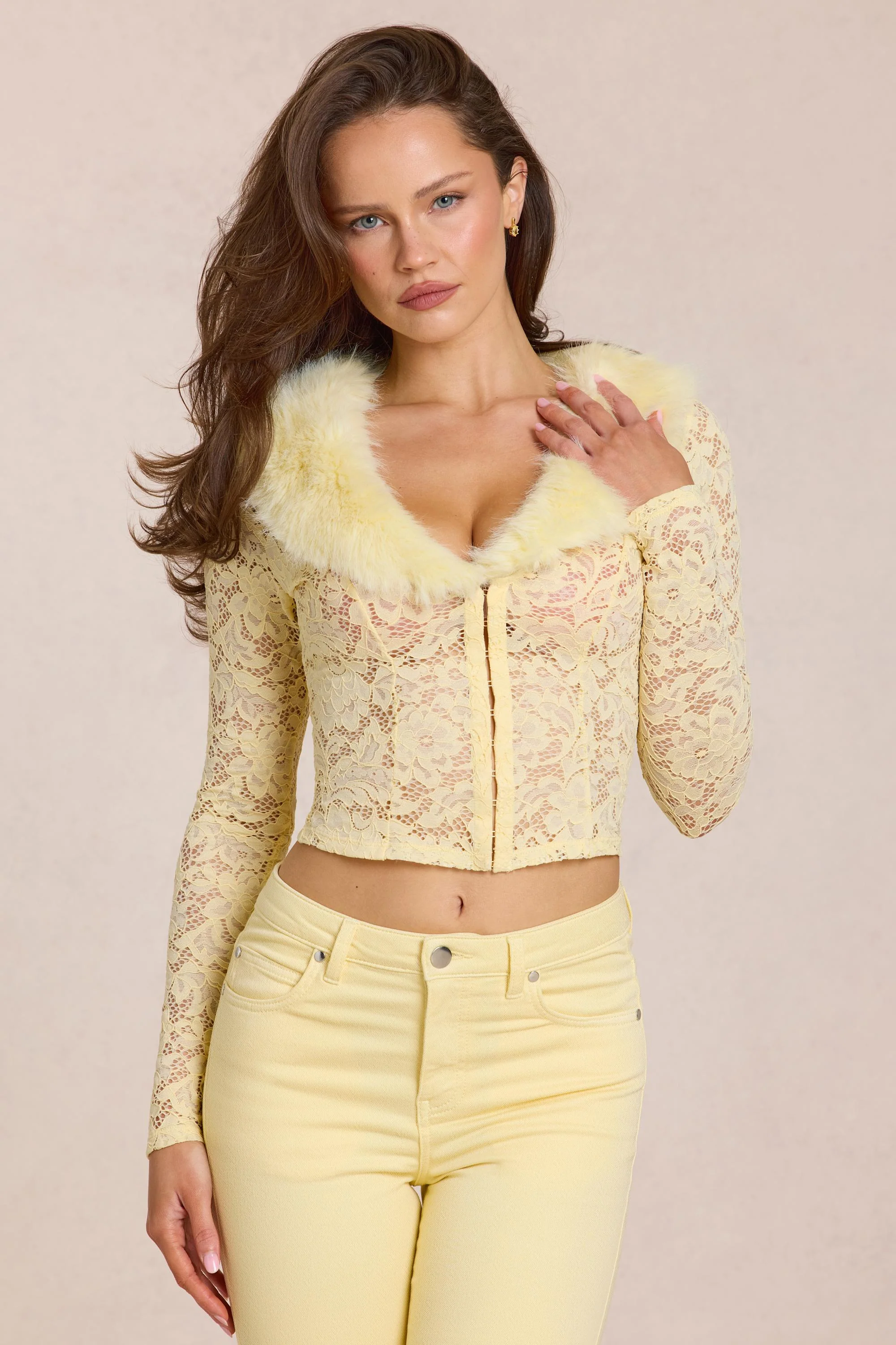 Lace Faux-Fur-Trim Cardigan in Lemon Yellow - Image 6