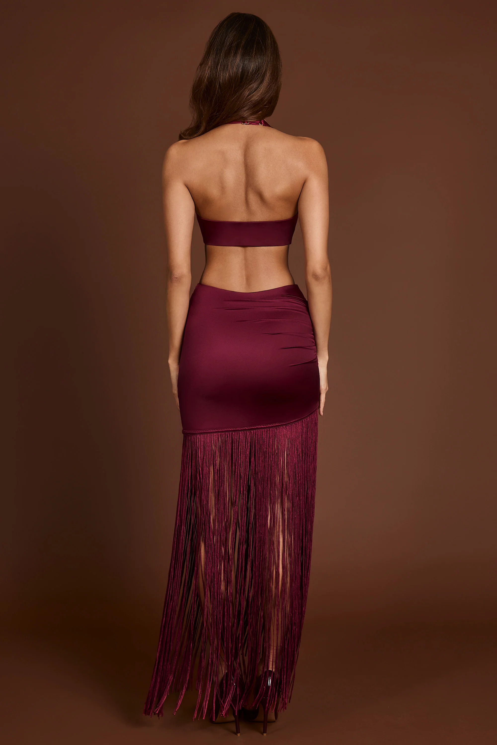 Fringed Plunge-Neck Maxi Dress in Wine Red - Image 2