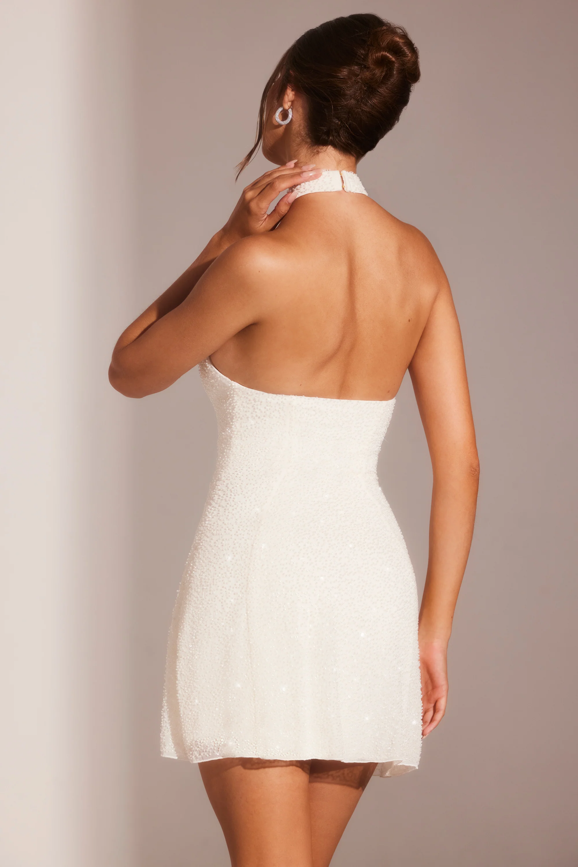 Embellished Asymmetric Neck A-Line Mini Dress in White - Image 2