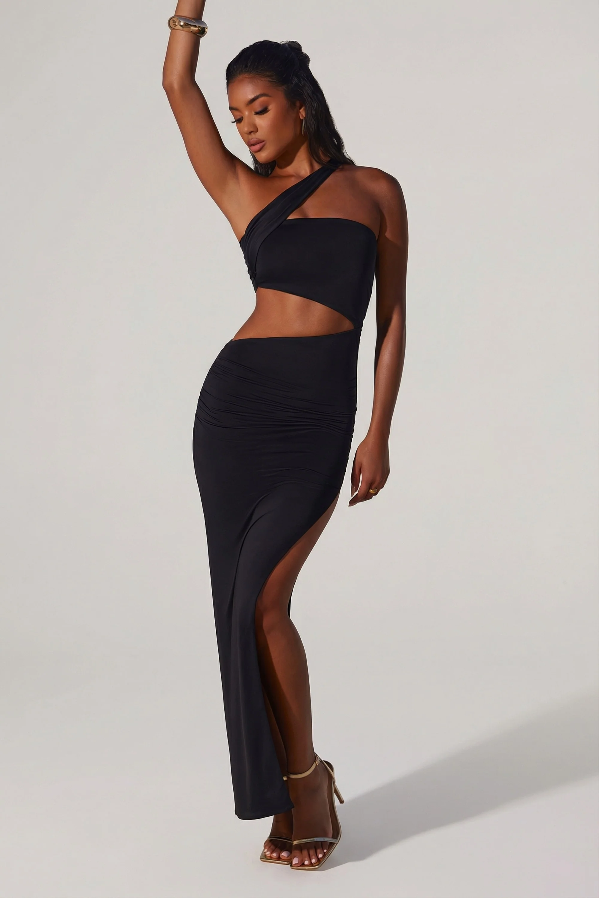 Asymmetric Neckline Ruched Cut Out Maxi Dress in Black - Image 5