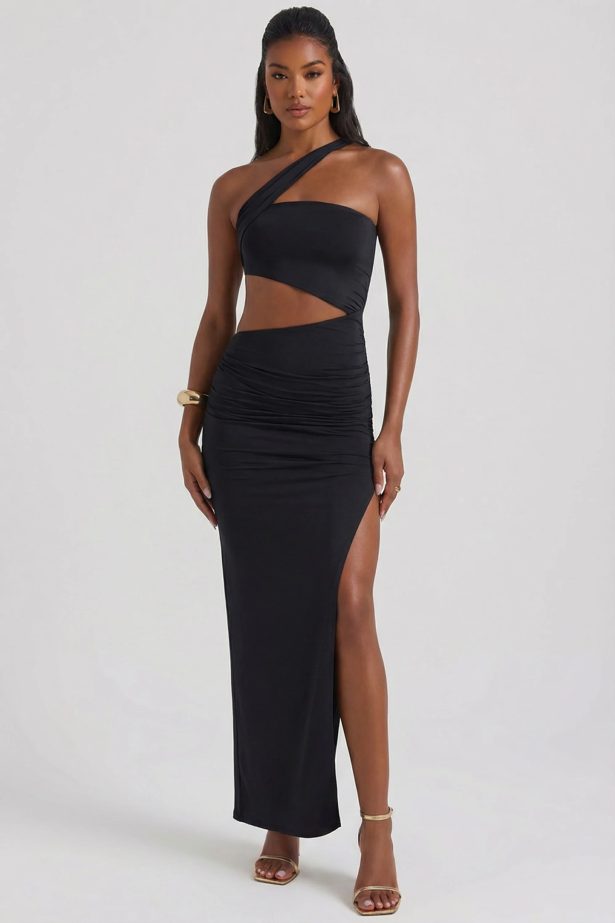 Asymmetric Neckline Ruched Cut Out Maxi Dress in Black - Image 6