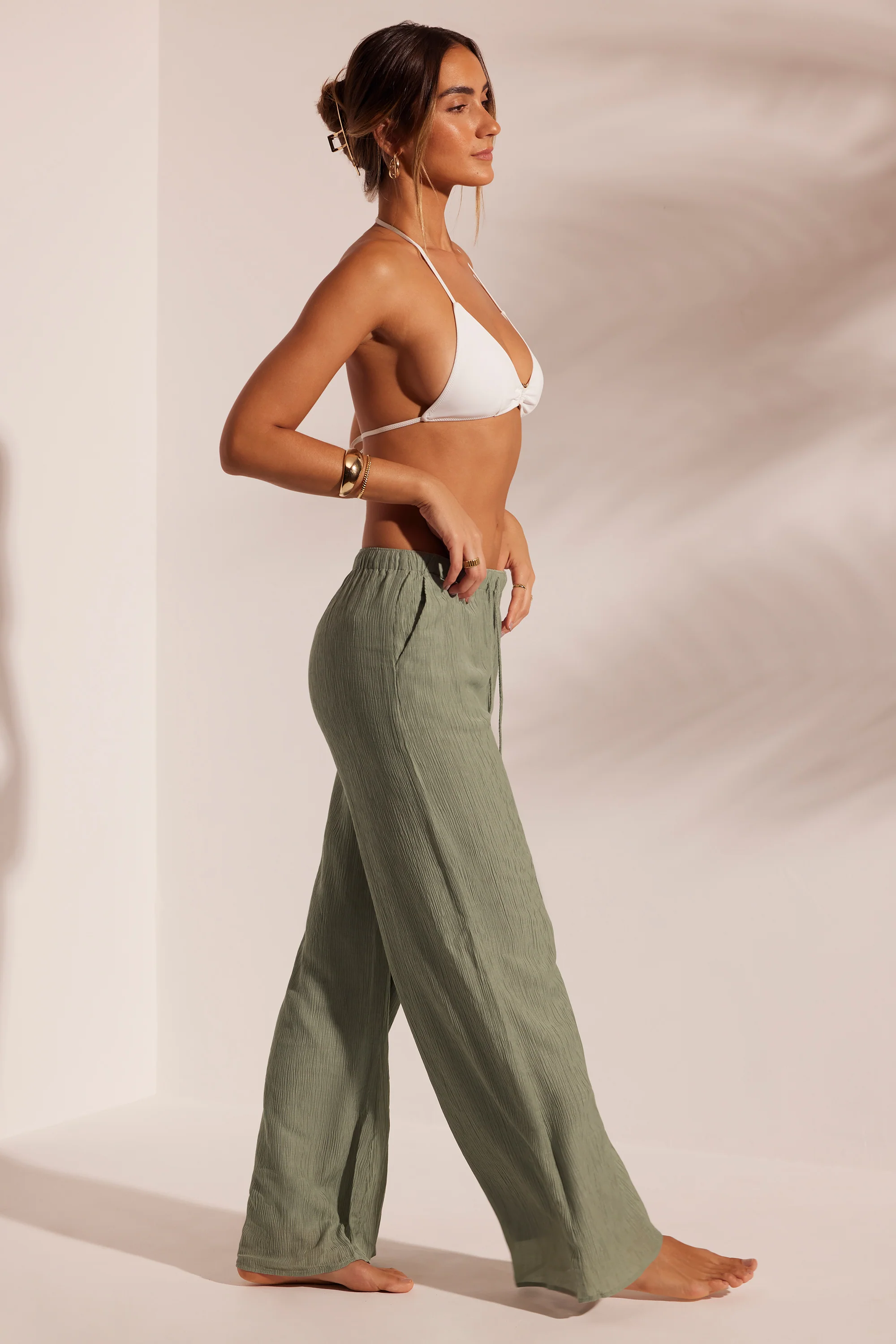 Crinkle Textured Beach Trousers in Light Green - Image 6